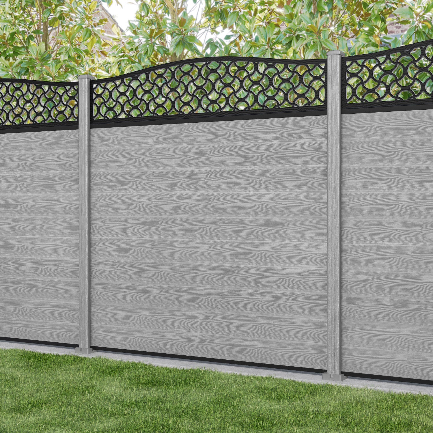 Classic Vida Curved Top Fence Panel - Light Grey - with our composite posts