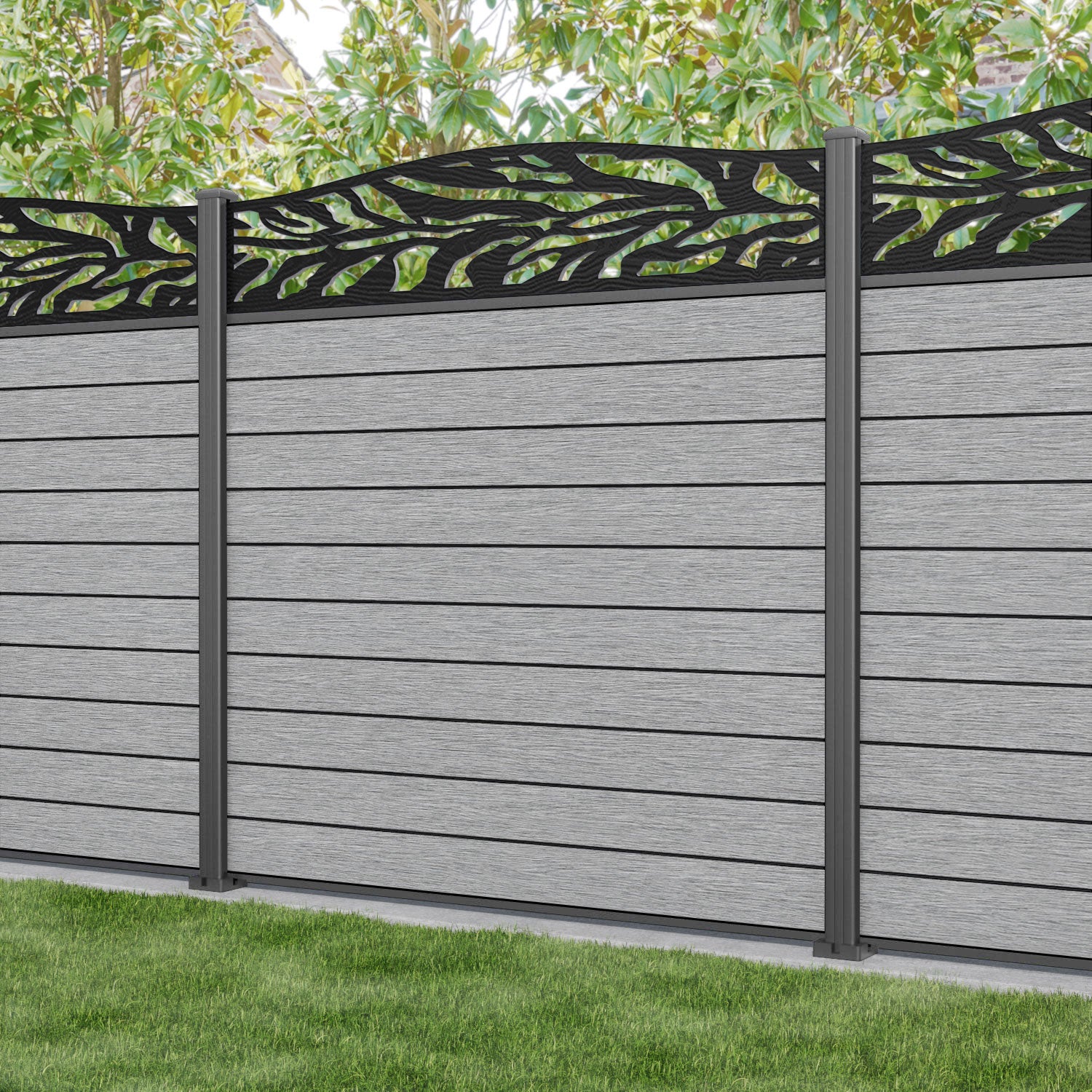 Fusion Malawi Curved Top Fence Panel - Light Grey - with our aluminium posts