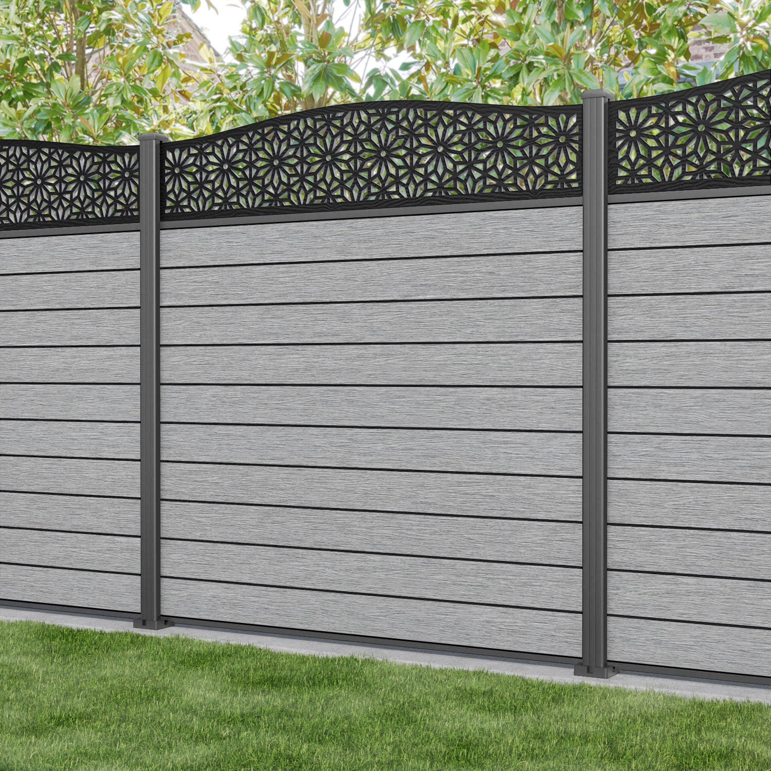 Fusion Narwa Curved Top Fence Panel - Light Grey - with our aluminium posts