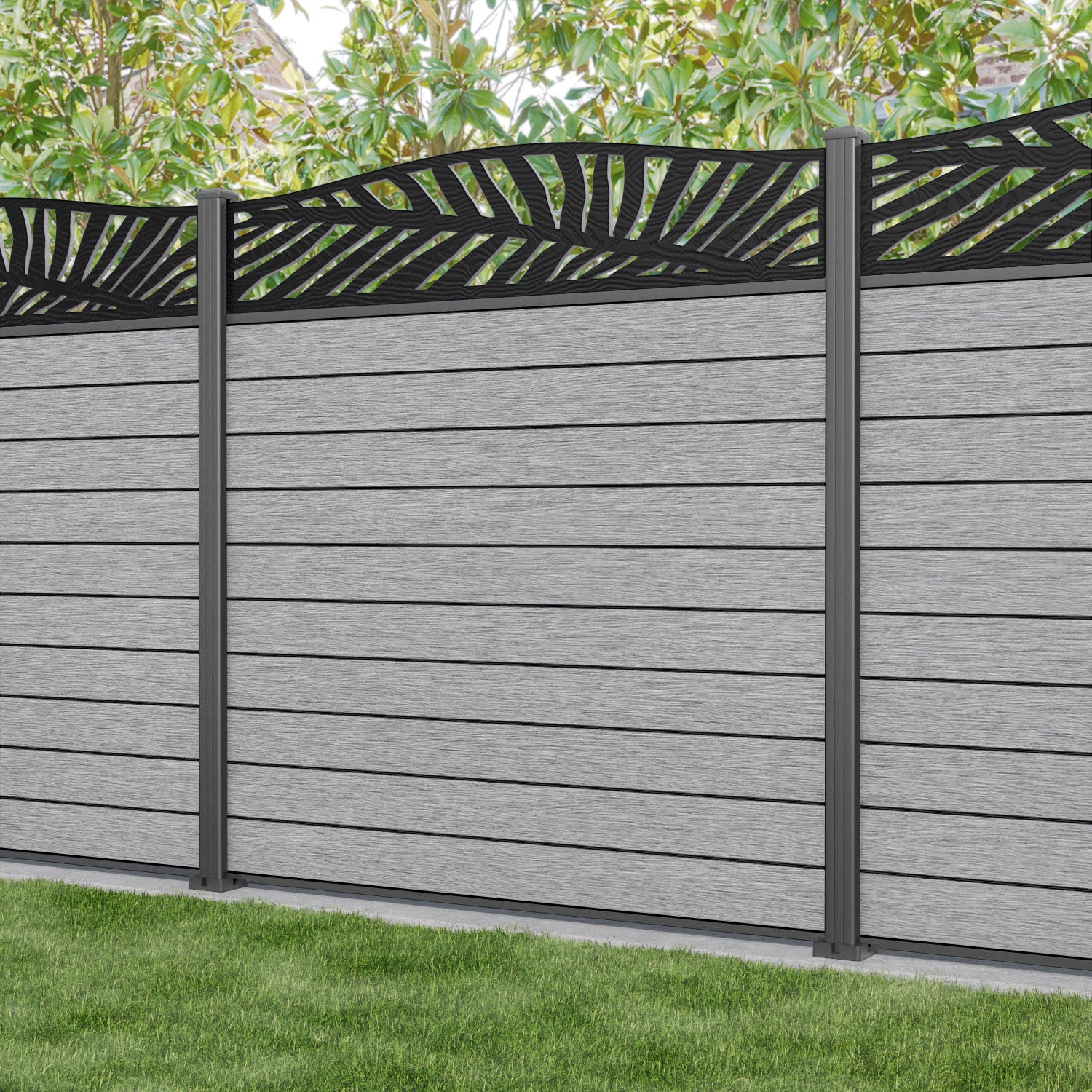 Fusion Palm Curved Top Fence Panel - Light Grey - with our aluminium posts