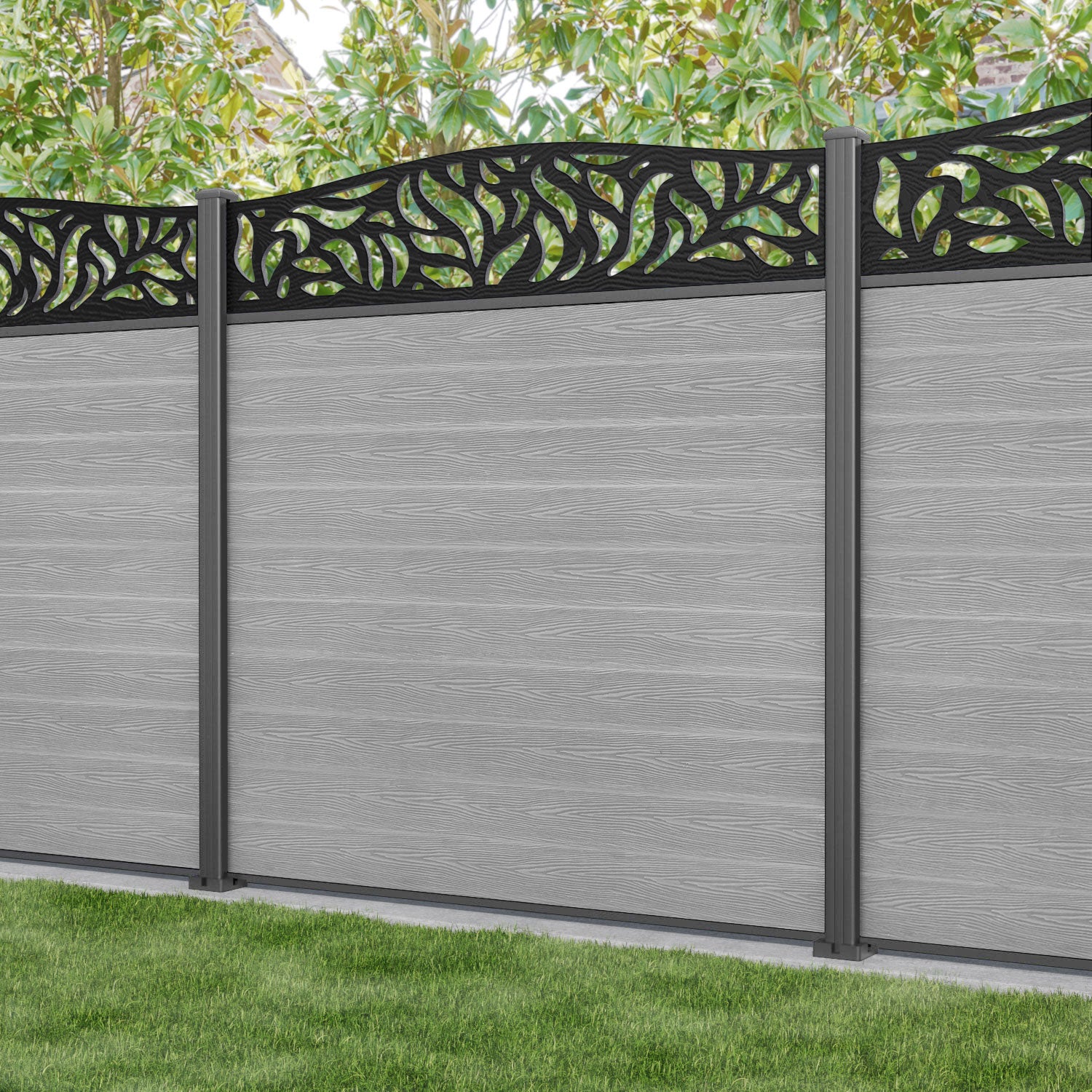 Classic Plume Curved Top Fence Panel - Light Grey - with our aluminium posts