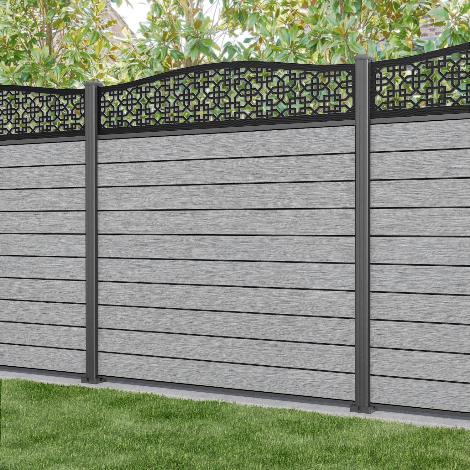 Fusion Zaria Curved Top Fence Panel - Light Grey - with our aluminium posts