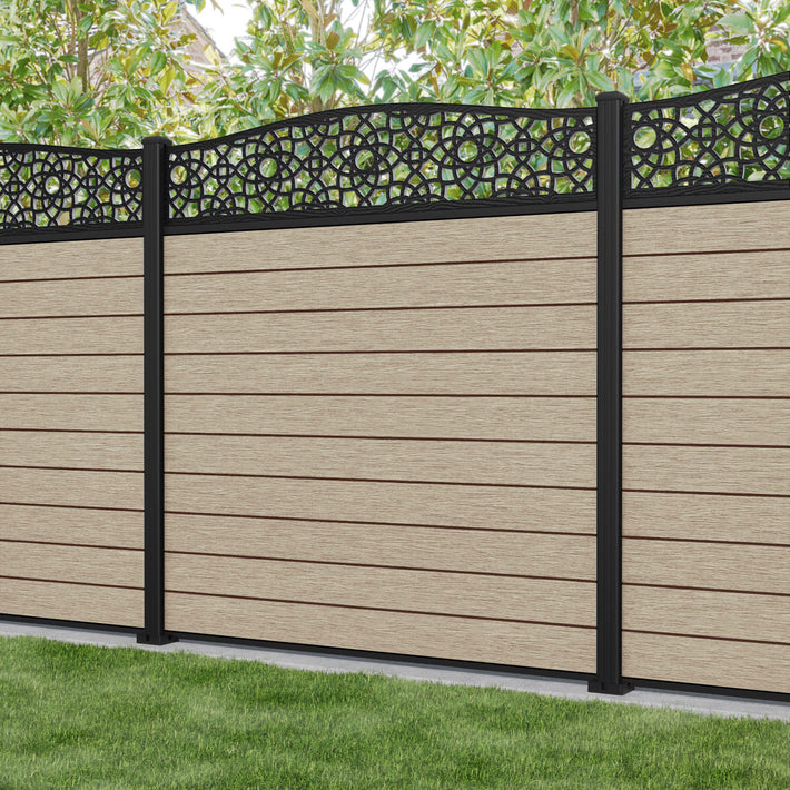 Fusion Ambar Curved Top Fence Panel - Light Oak - with our aluminium posts