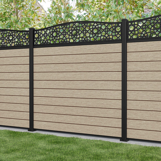 Fusion Ambar Curved Top Fence Panel - Light Oak - with our aluminium posts