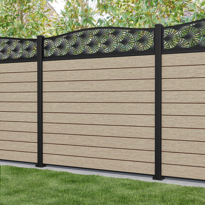 Fusion Laurel Curved Top Fence Panel - Light Oak - with our aluminium posts