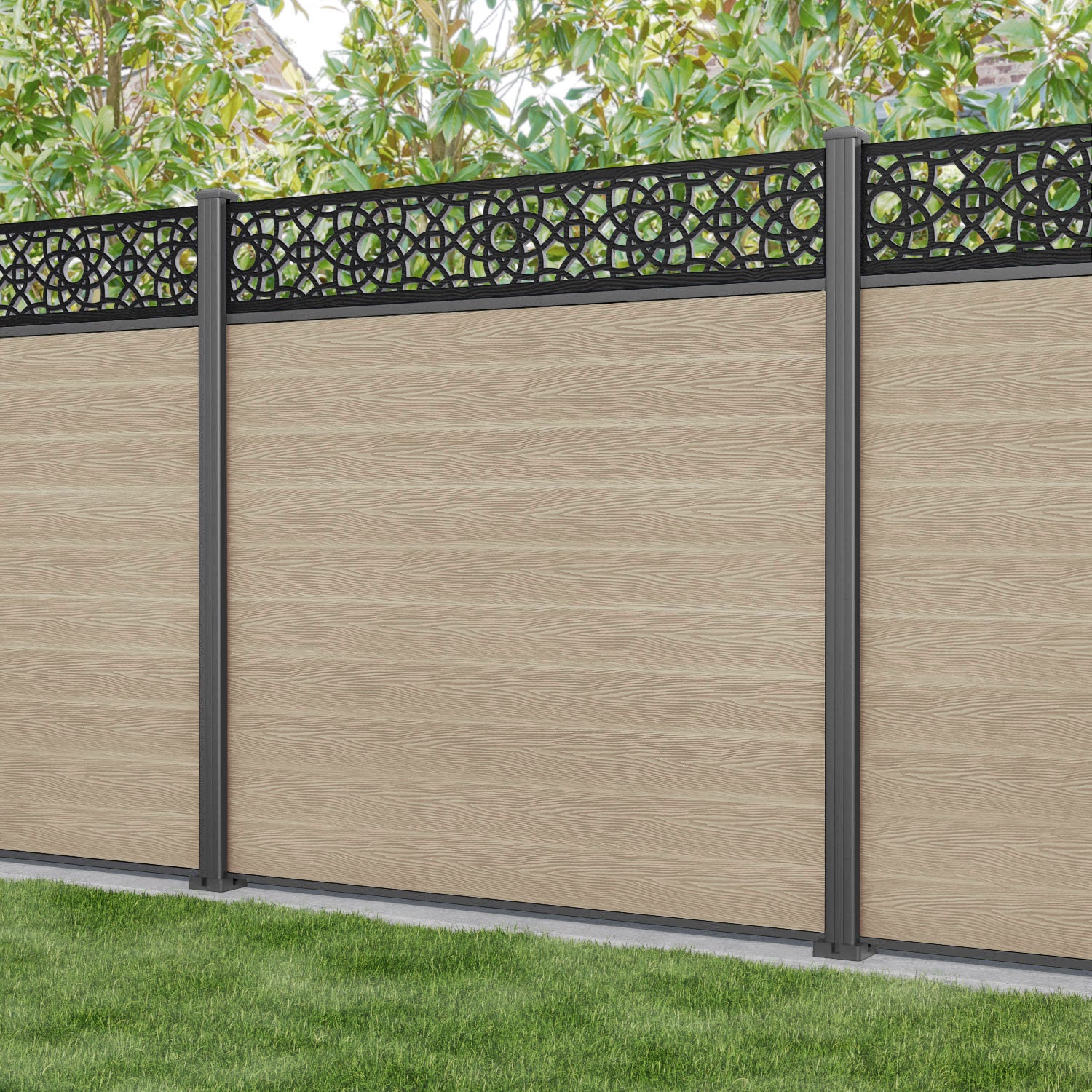 Classic Ambar Fence Panel - Light Oak - with our aluminium posts