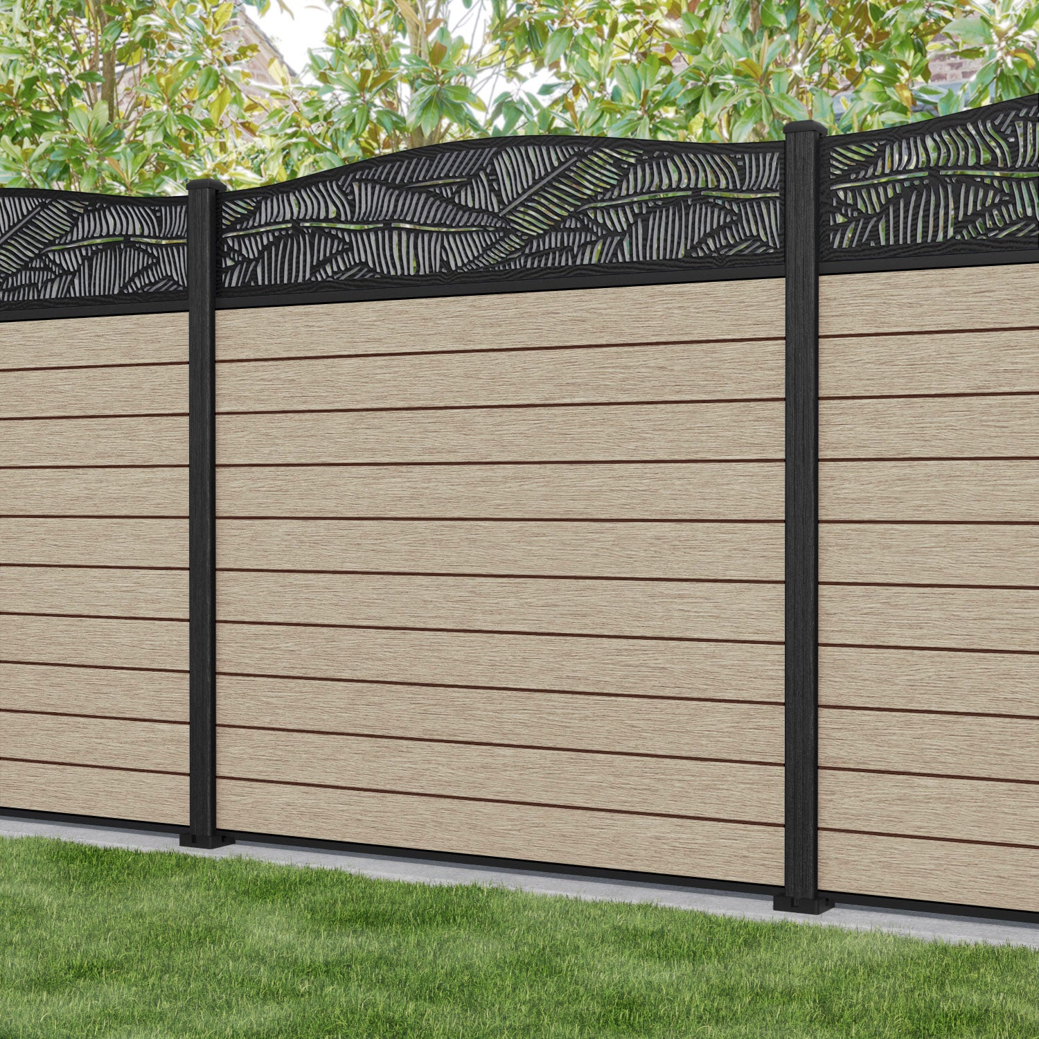 Fusion Feather Curved Top Fence Panel - Light Oak - with our composite posts