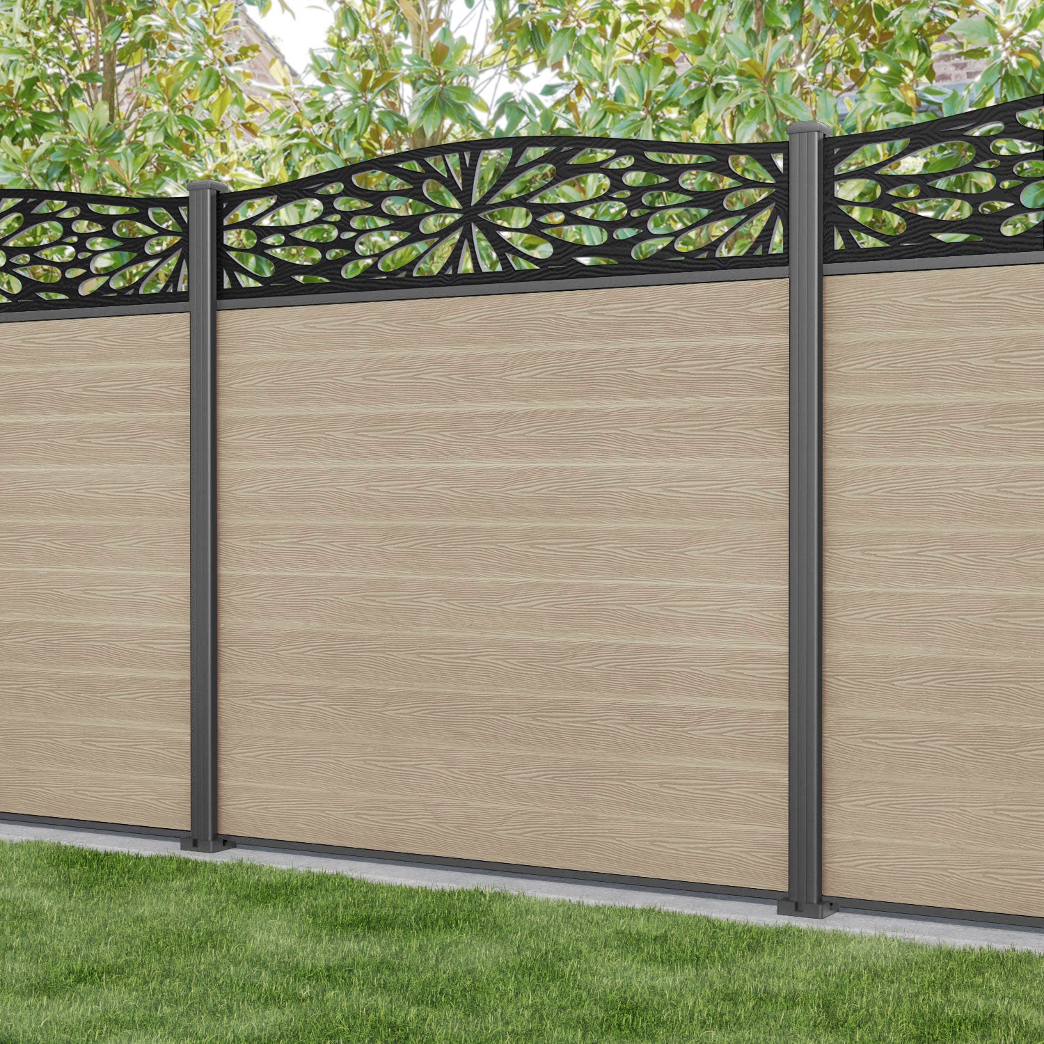 Classic Blossom Curved Top Fence Panel - Light Oak - with our aluminium posts