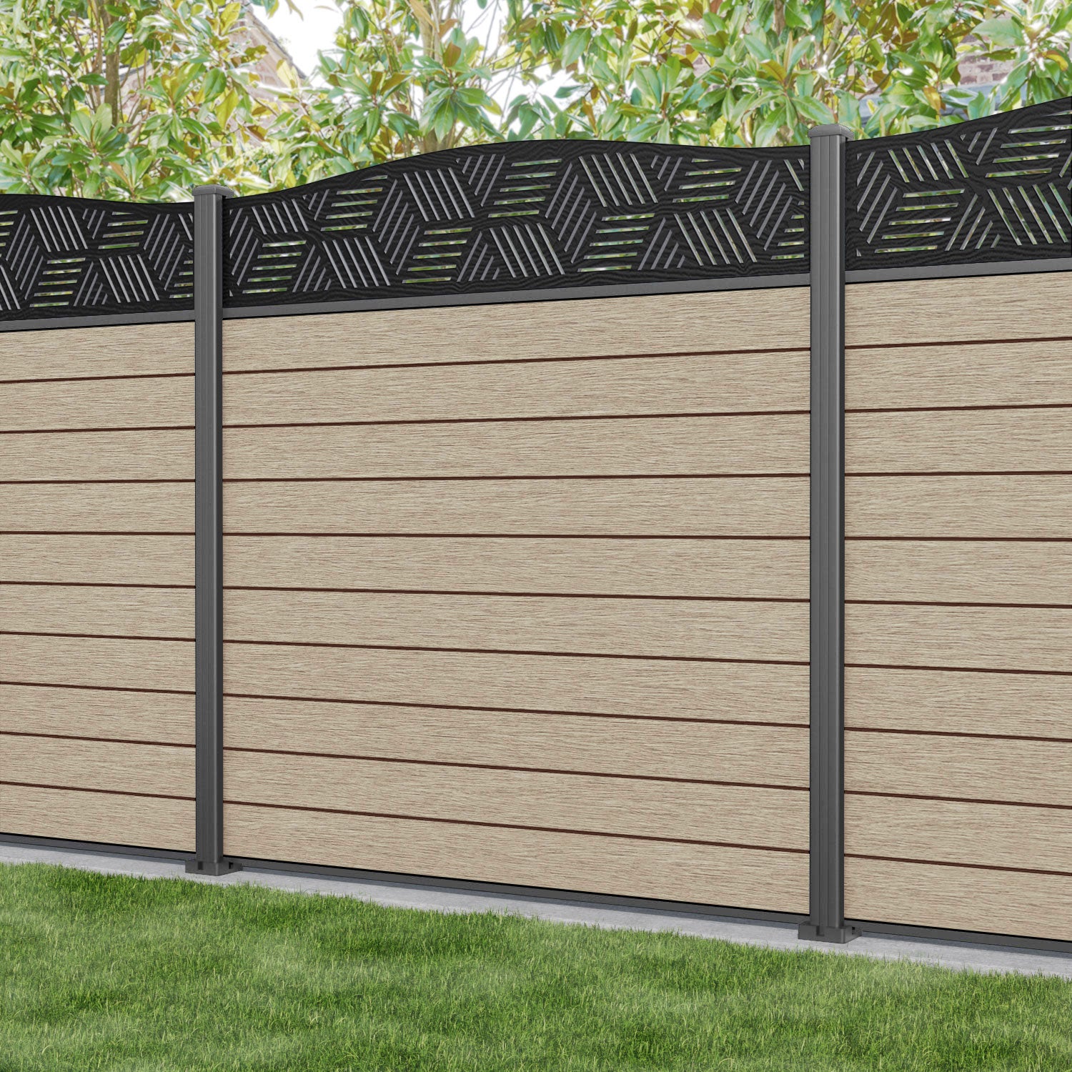 Fusion Cubed Curved Top Fence Panel - Light Oak - with our aluminium posts