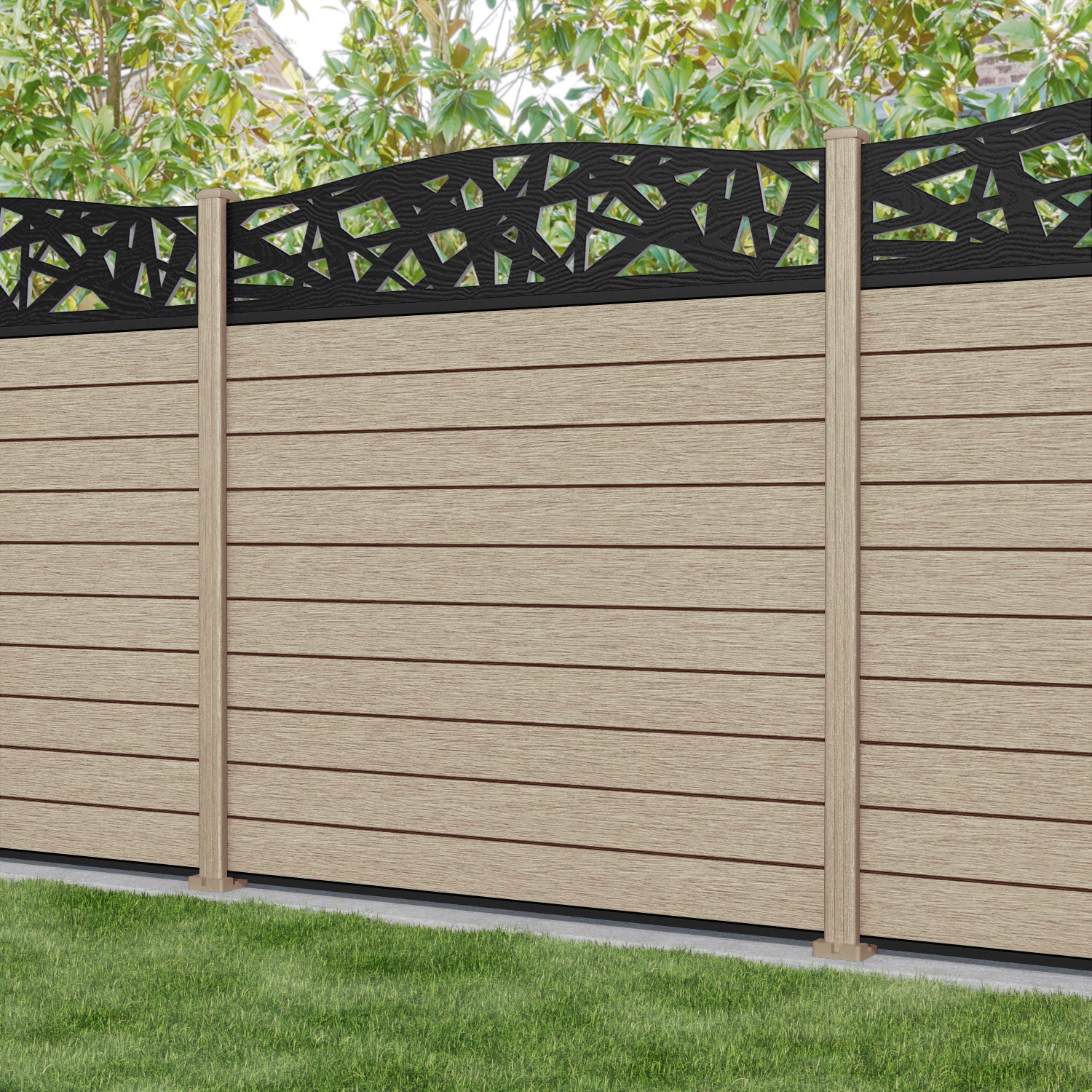 Fusion Prism Curved Top Fence Panel - Light Oak - with our composite posts