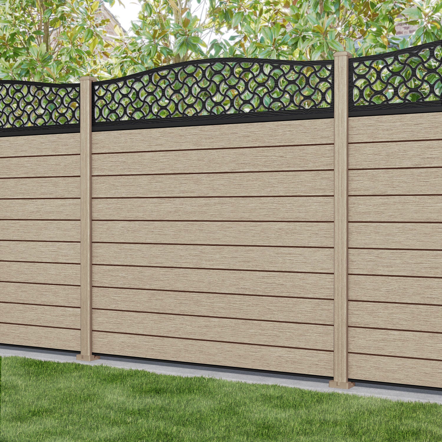 Fusion Vida Curved Top Fence Panel - Light Oak - with our composite posts