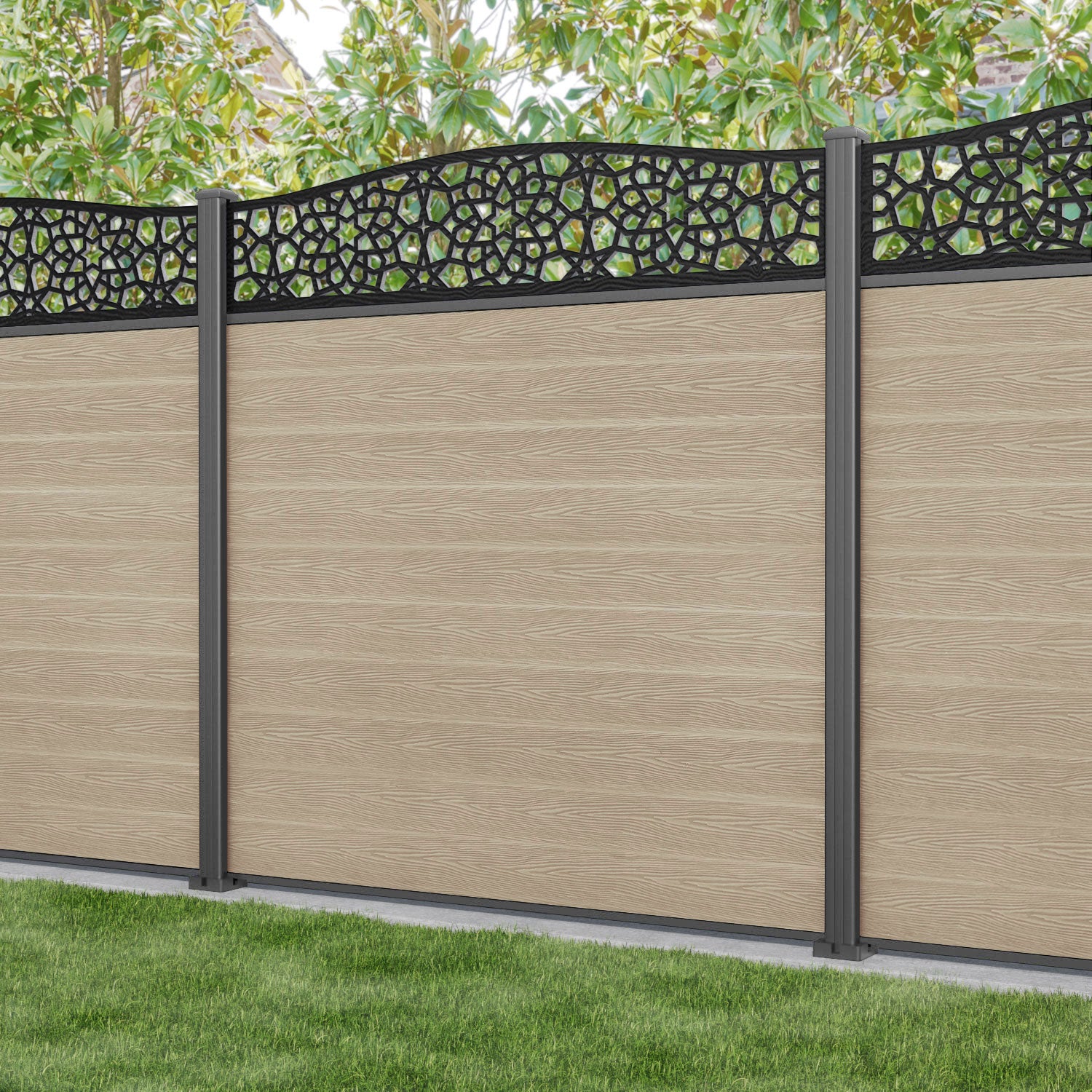 Classic Nazira Curved Top Fence Panel - Light Oak - with our aluminium posts