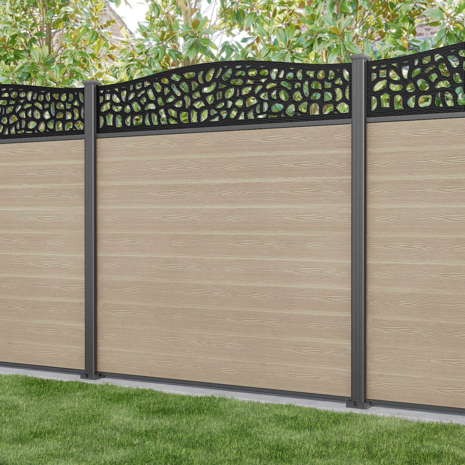 Classic Pebble Curved Top Fence Panel - Light Oak - with our aluminium posts