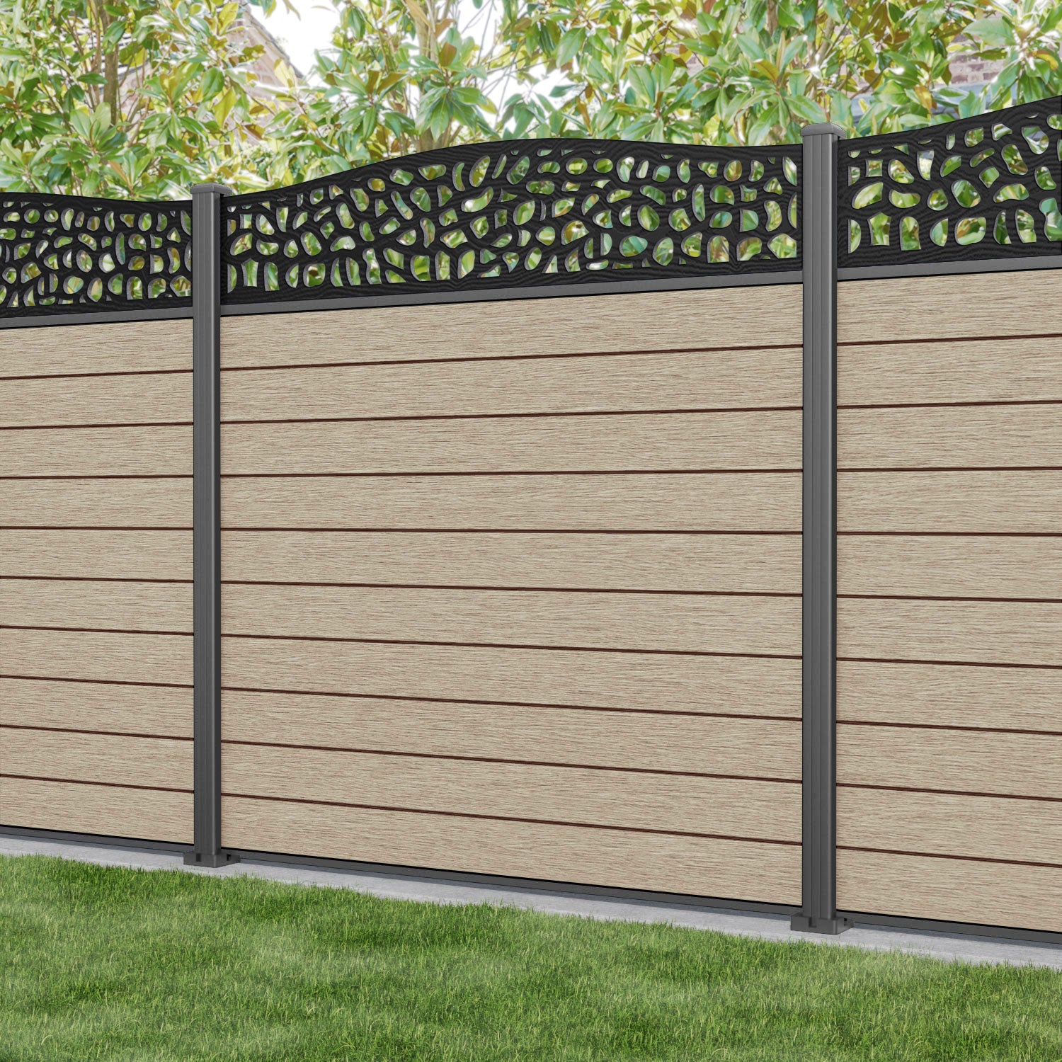 Fusion Pebble Curved Top Fence Panel - Light Oak - with our aluminium posts