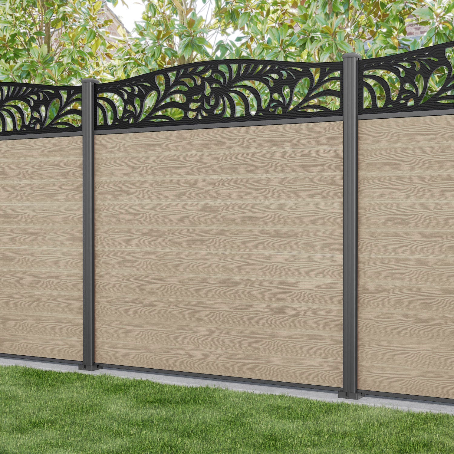 Classic Petal Curved Top Fence Panel - Light Oak - with our aluminium posts