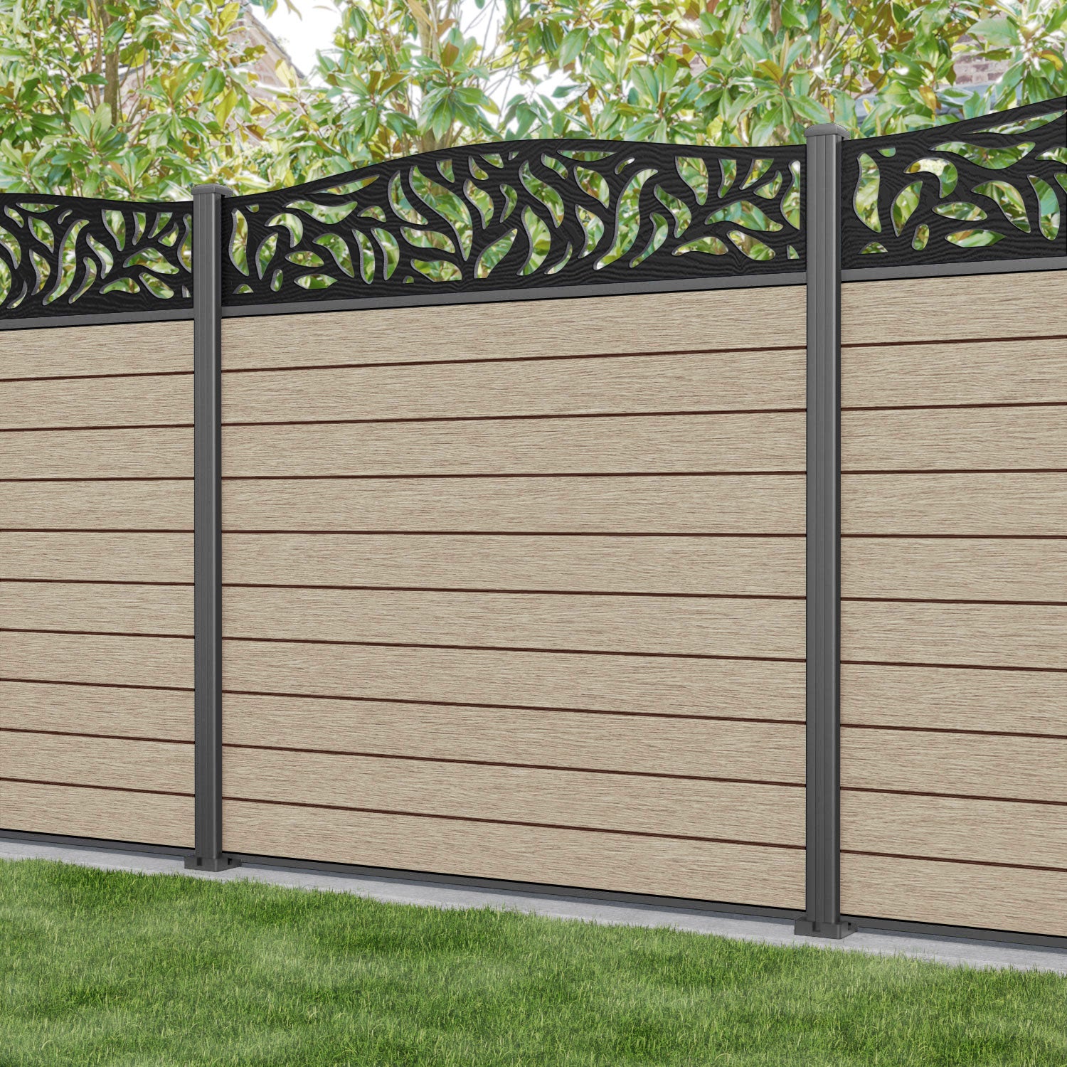 Fusion Plume Curved Top Fence Panel - Light Oak - with our aluminium posts