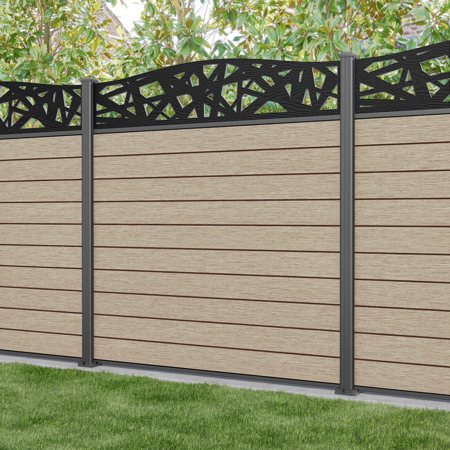 Fusion Prism Curved Top Fence Panel - Light Oak - with our aluminium posts
