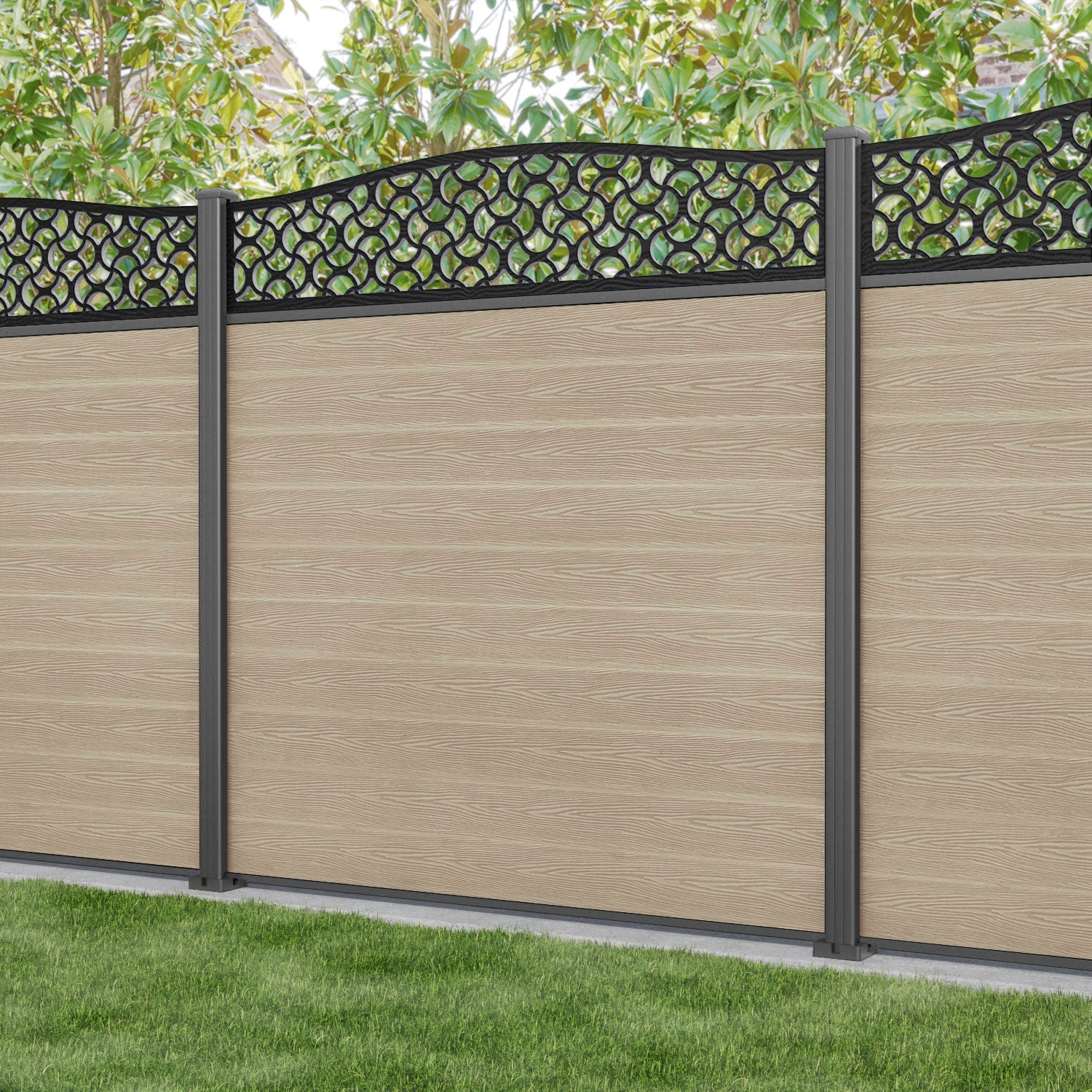 Classic Vida Curved Top Fence Panel - Light Oak - with our aluminium posts