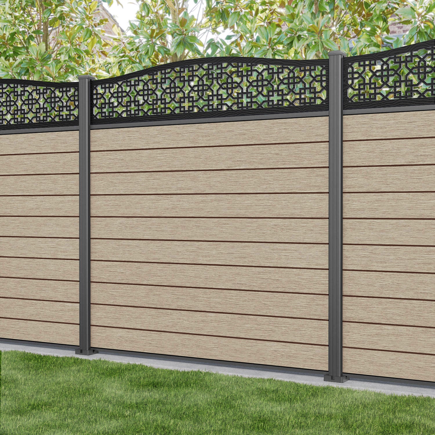 Fusion Zaria Curved Top Fence Panel - Light Oak - with our aluminium posts