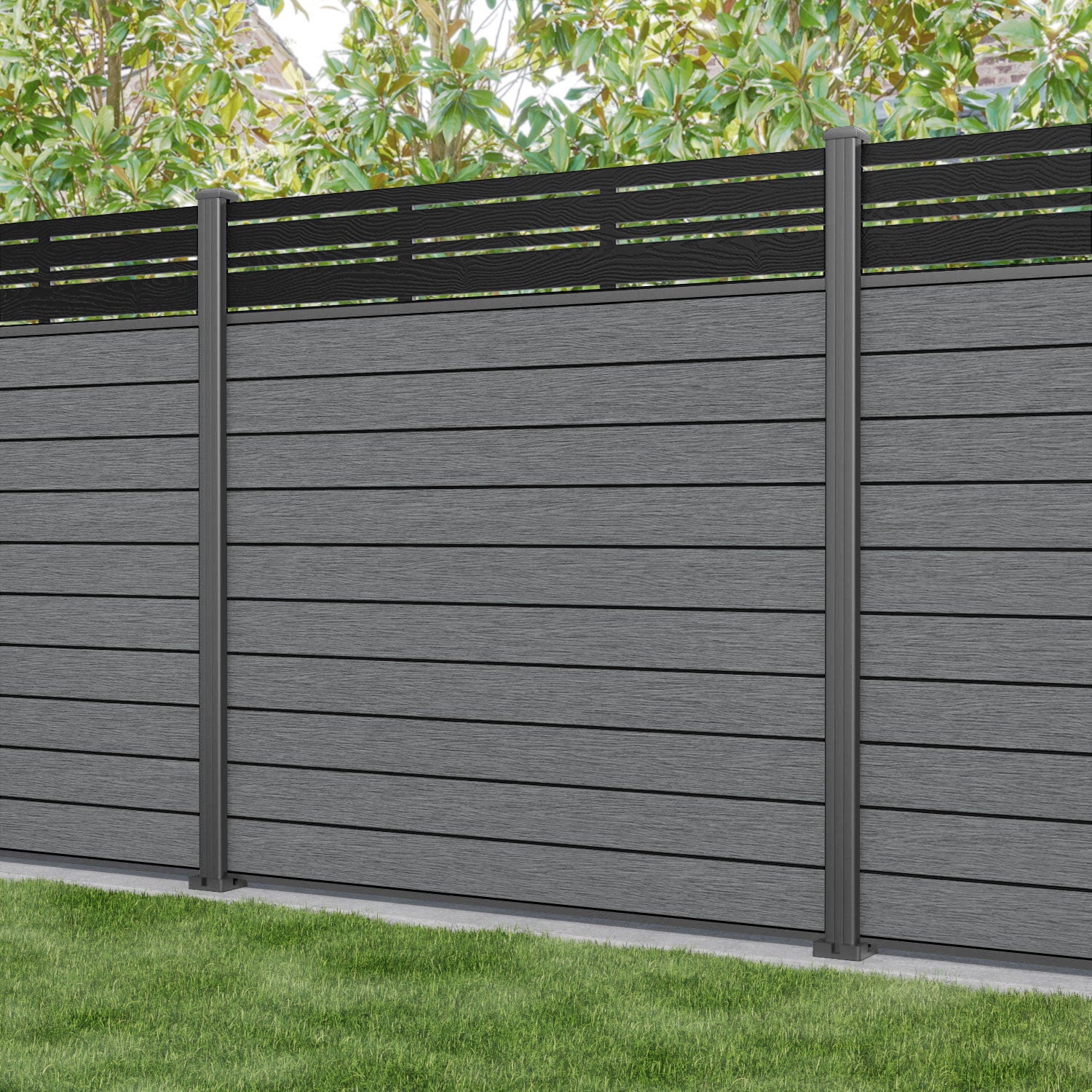 Fusion Linea Fence Panel - Mid Grey - with our aluminium posts