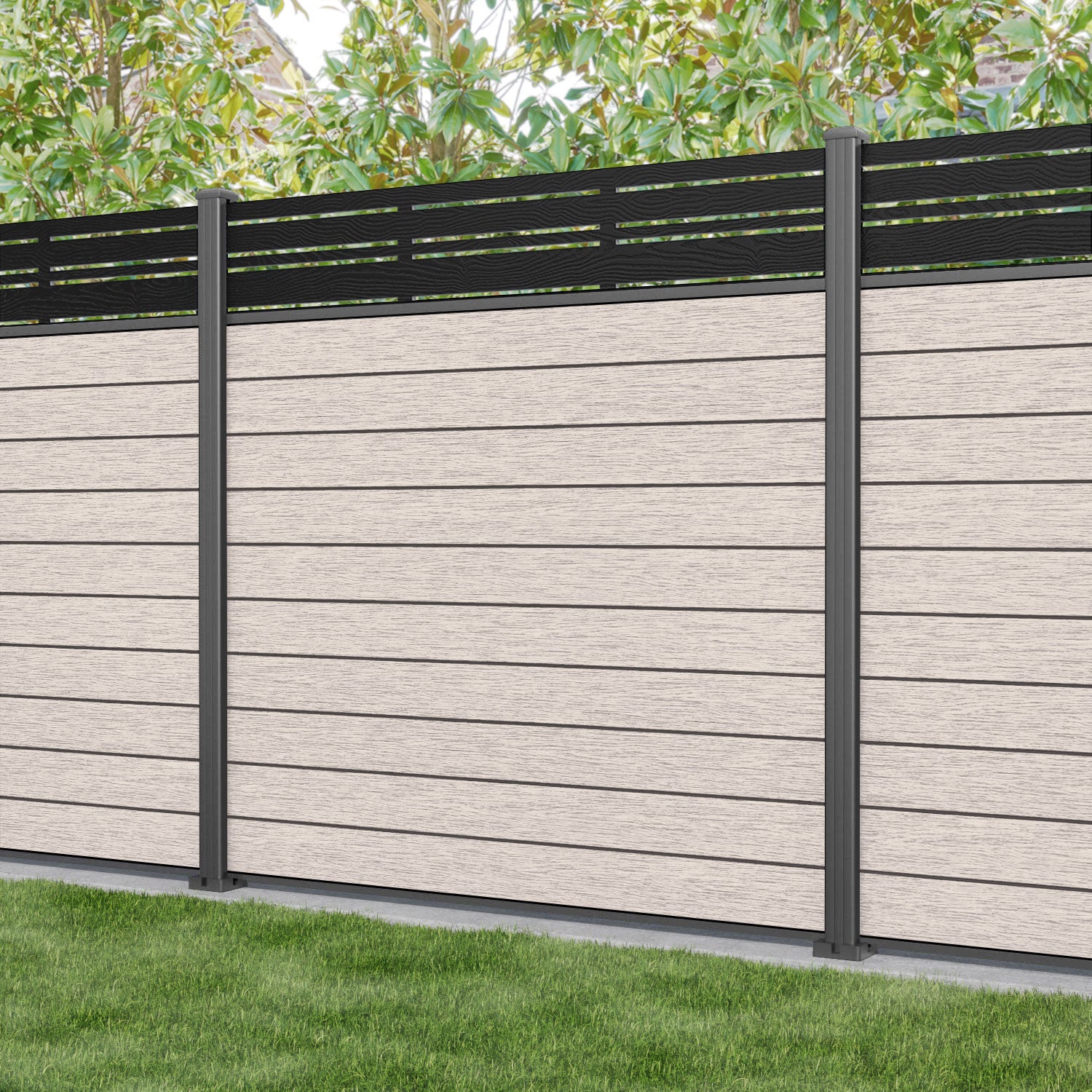 Fusion Linea Fence Panel - Mid Stone - with our aluminium posts