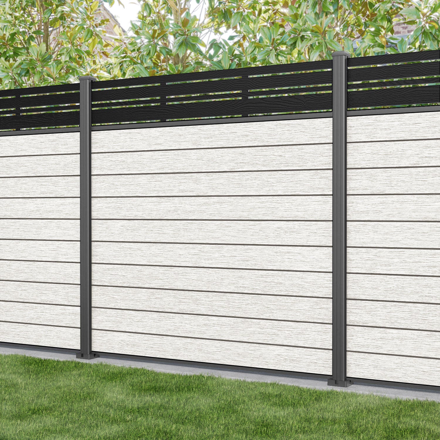 Fusion Linea Fence Panel - Light Stone - with our aluminium posts