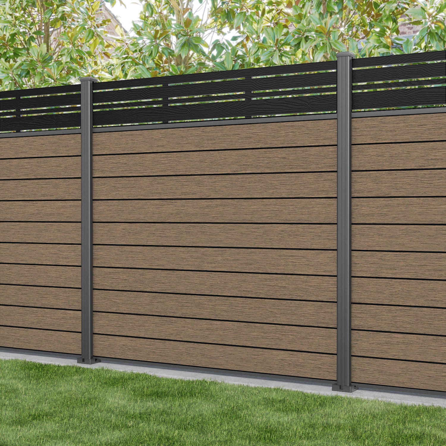 Fusion Linea Fence Panel - Teak - with our aluminium posts