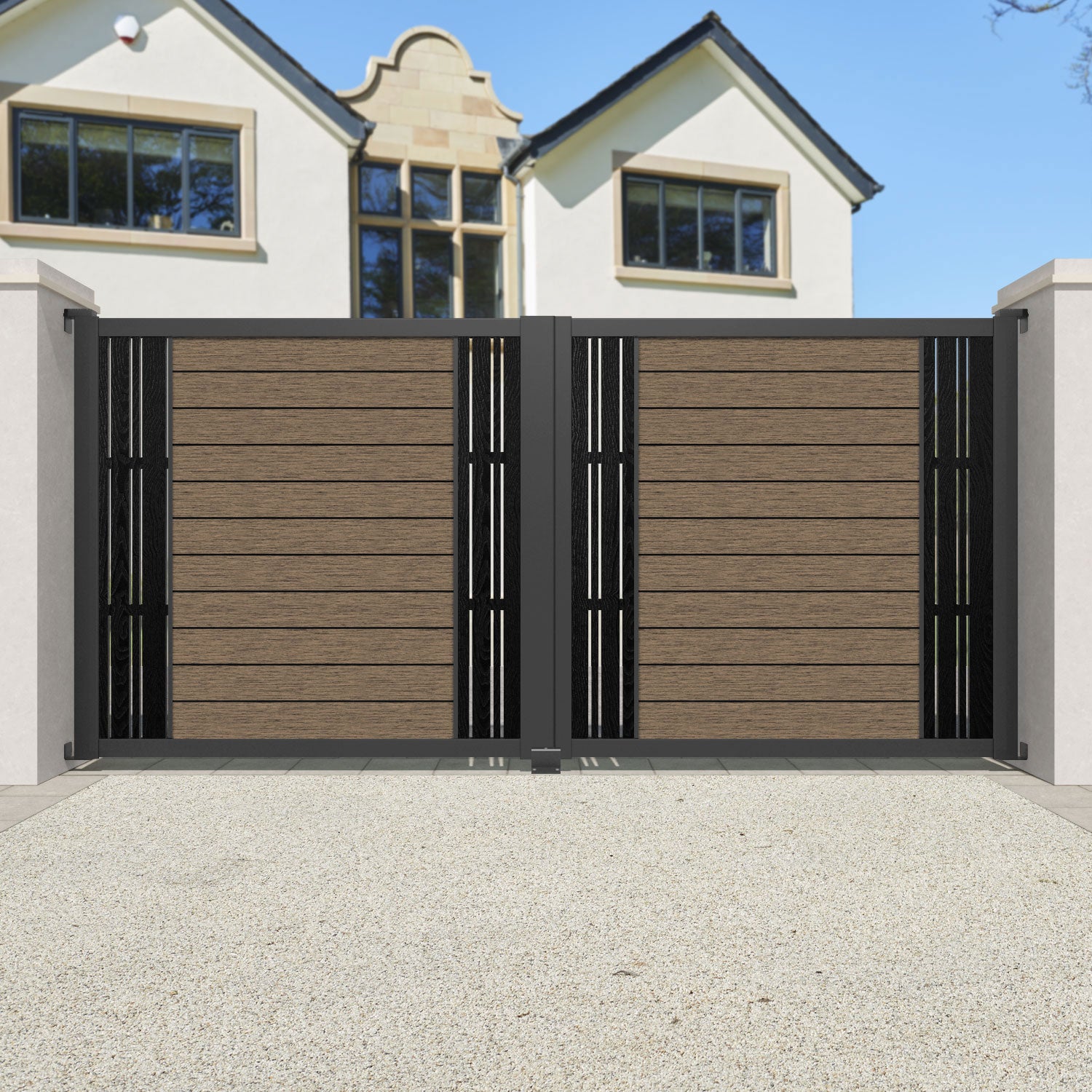 Fusion Linea Straight Top Driveway Gate - Teak - Middle & End Screen