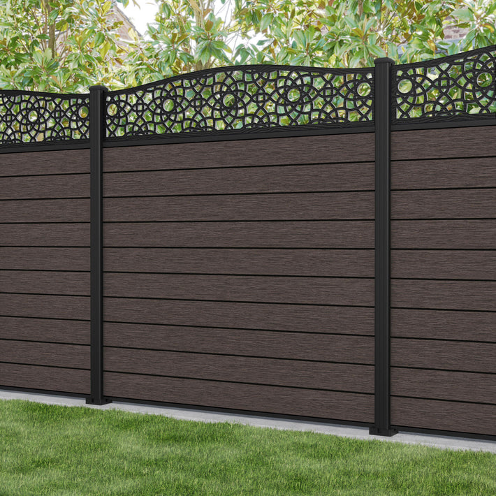 Fusion Ambar Curved Top Fence Panel - Mid Brown - with our aluminium posts