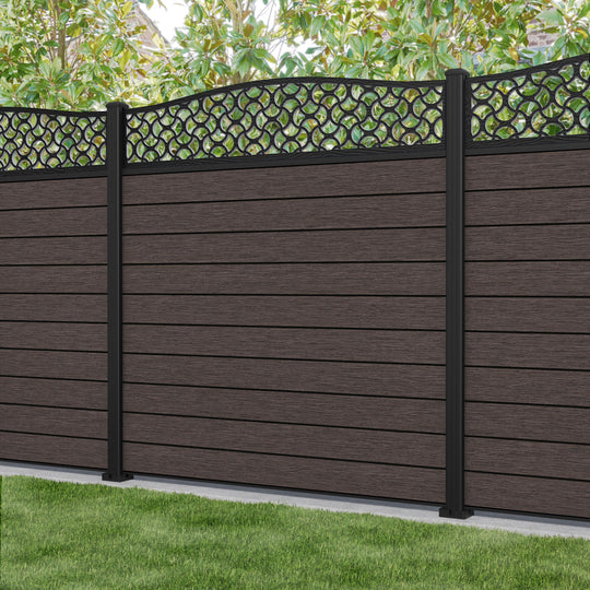 Fusion Vida Curved Top Fence Panel - Mid Brown - with our aluminium posts