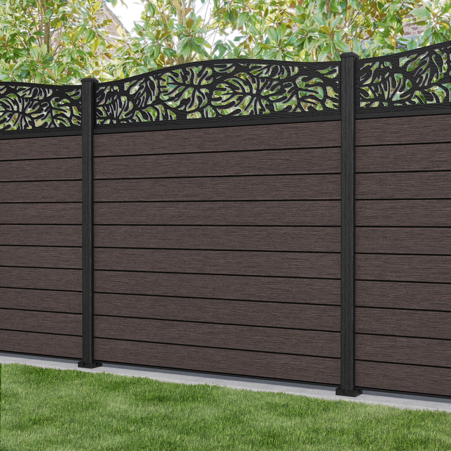 Fusion Botanic Curved Top Fence Panel - Mid Brown - with our composite posts