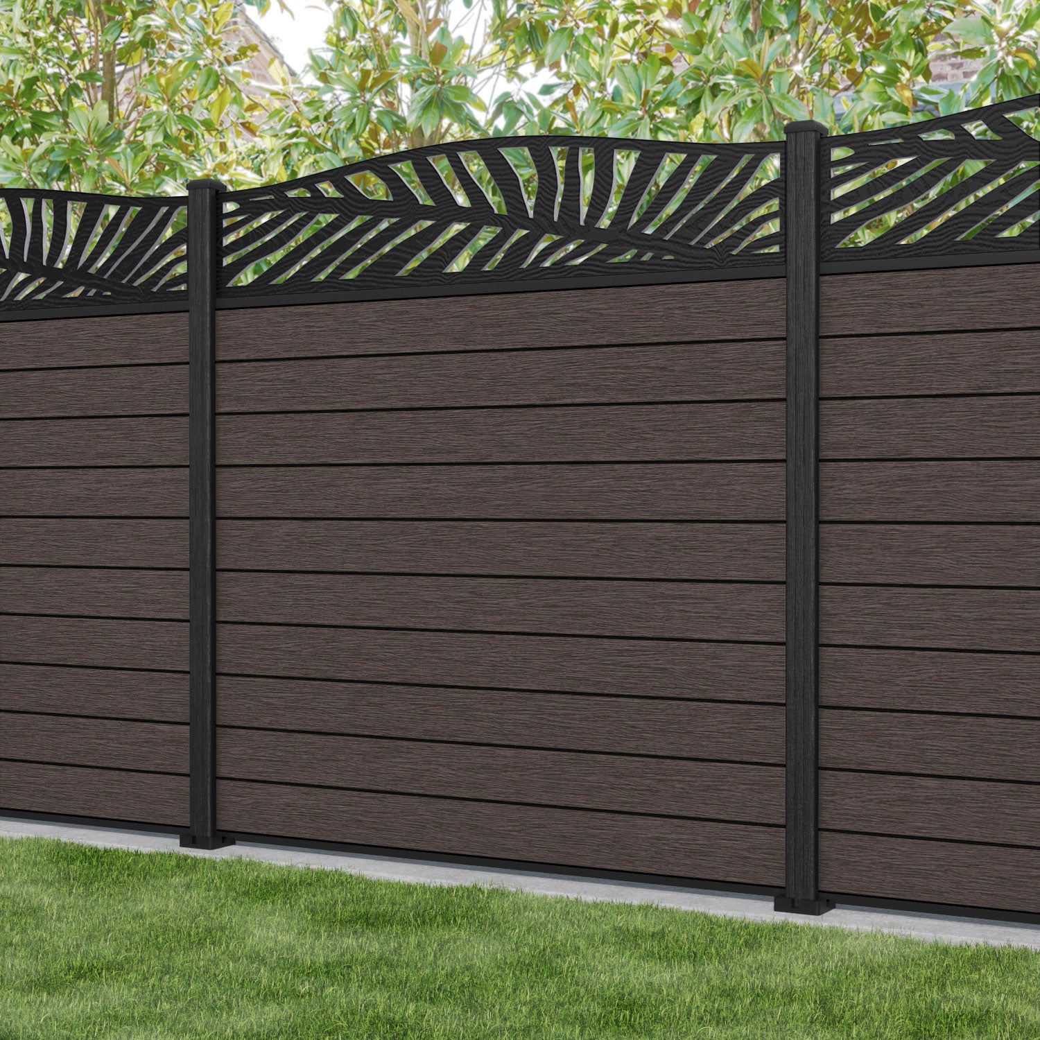 Fusion Palm Curved Top Fence Panel - Mid Brown - with our composite posts