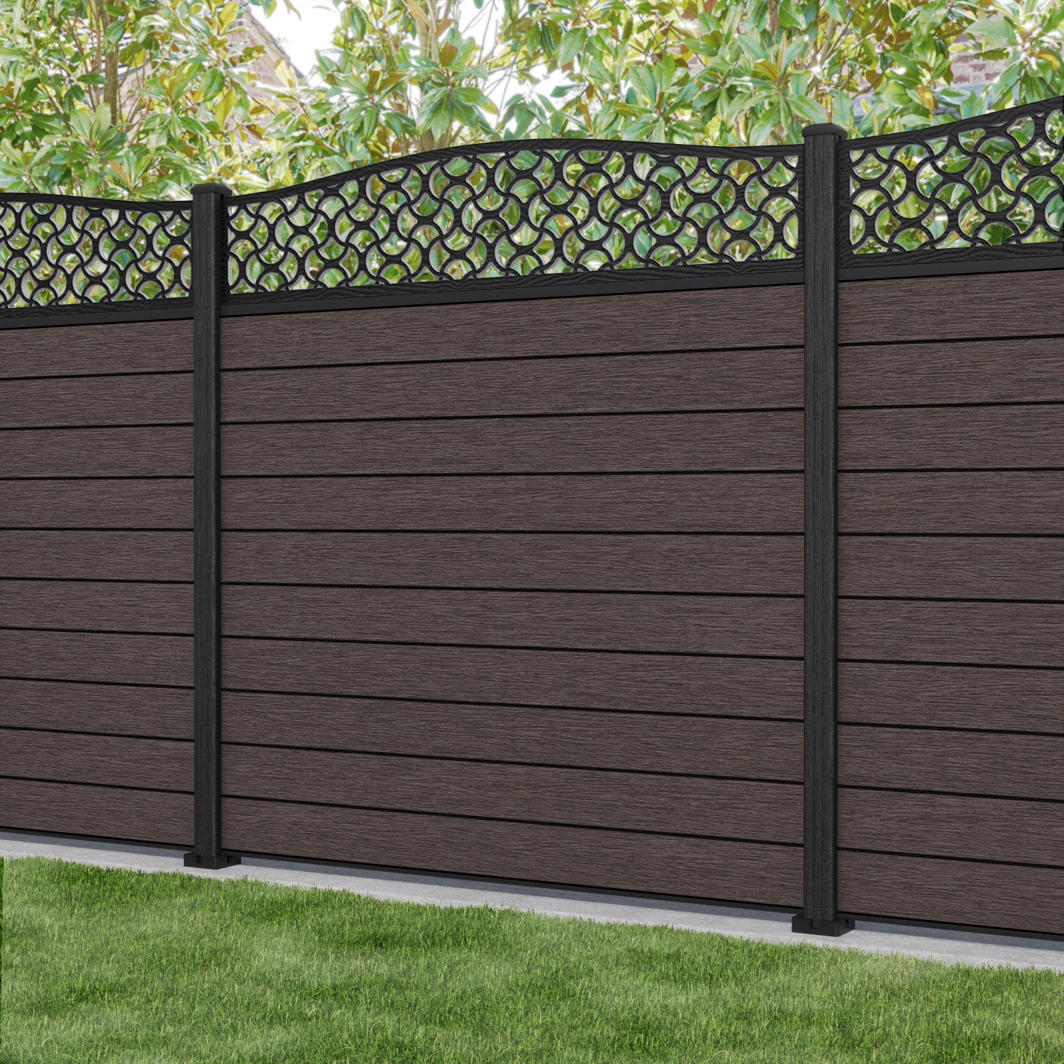 Fusion Vida Curved Top Fence Panel - Mid Brown - with our composite posts