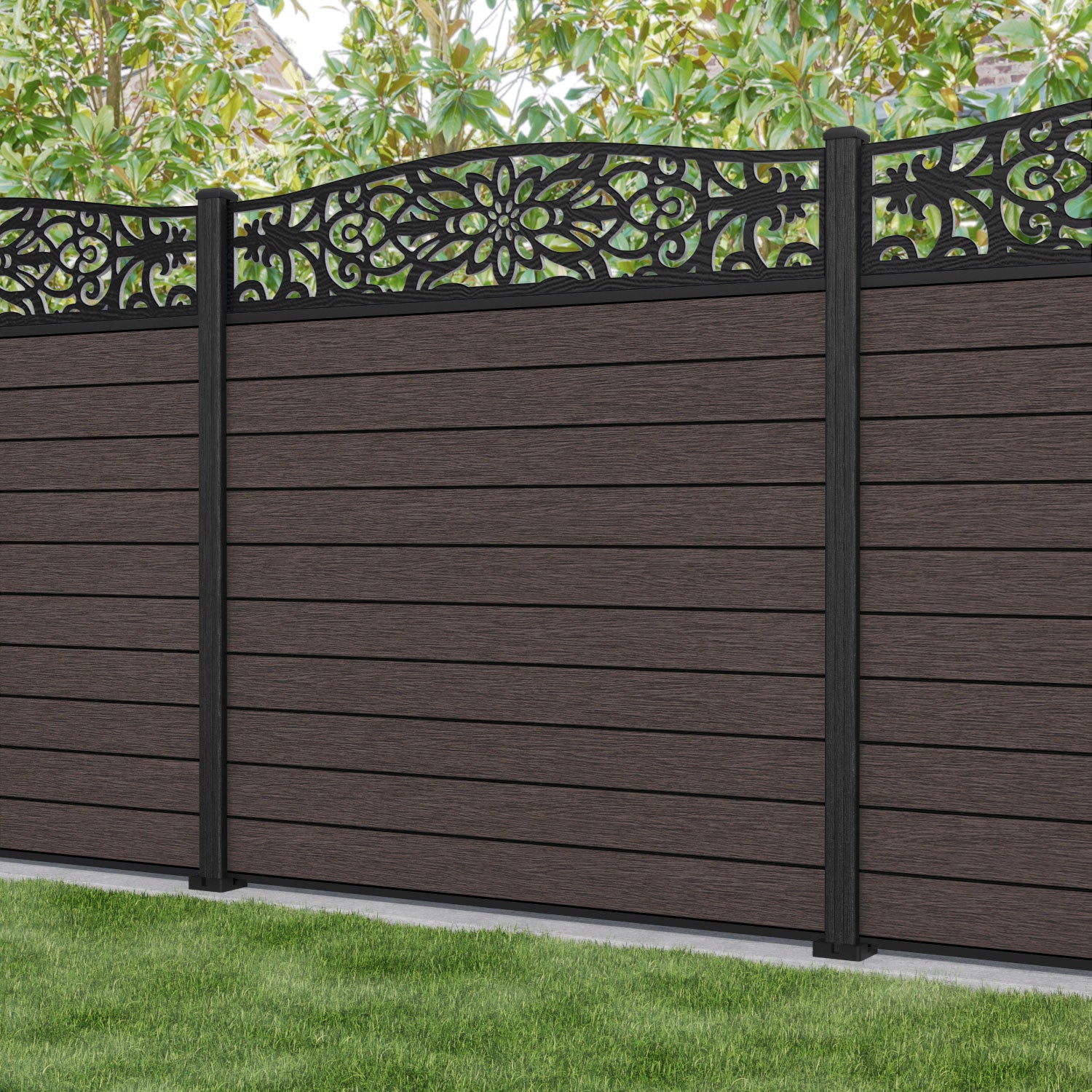 Fusion Windsor Curved Top Fence Panel - Mid Brown - with our composite posts