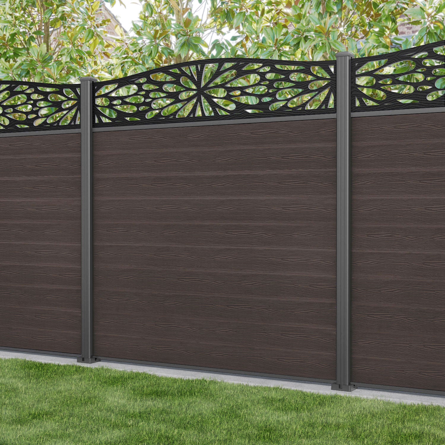 Classic Blossom Curved Top Fence Panel - Mid Brown - with our aluminium posts