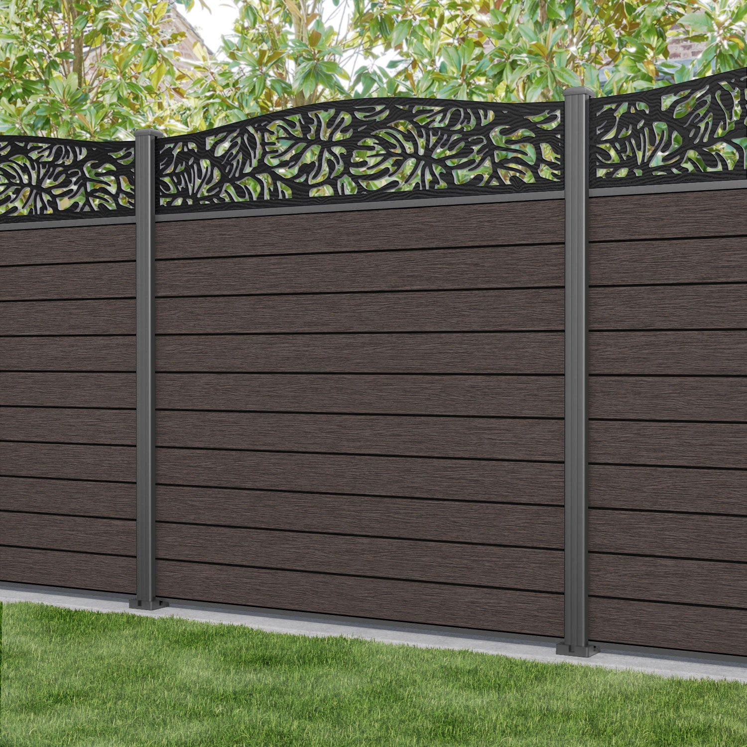 Fusion Botanic Curved Top Fence Panel - Mid Brown - with our aluminium posts