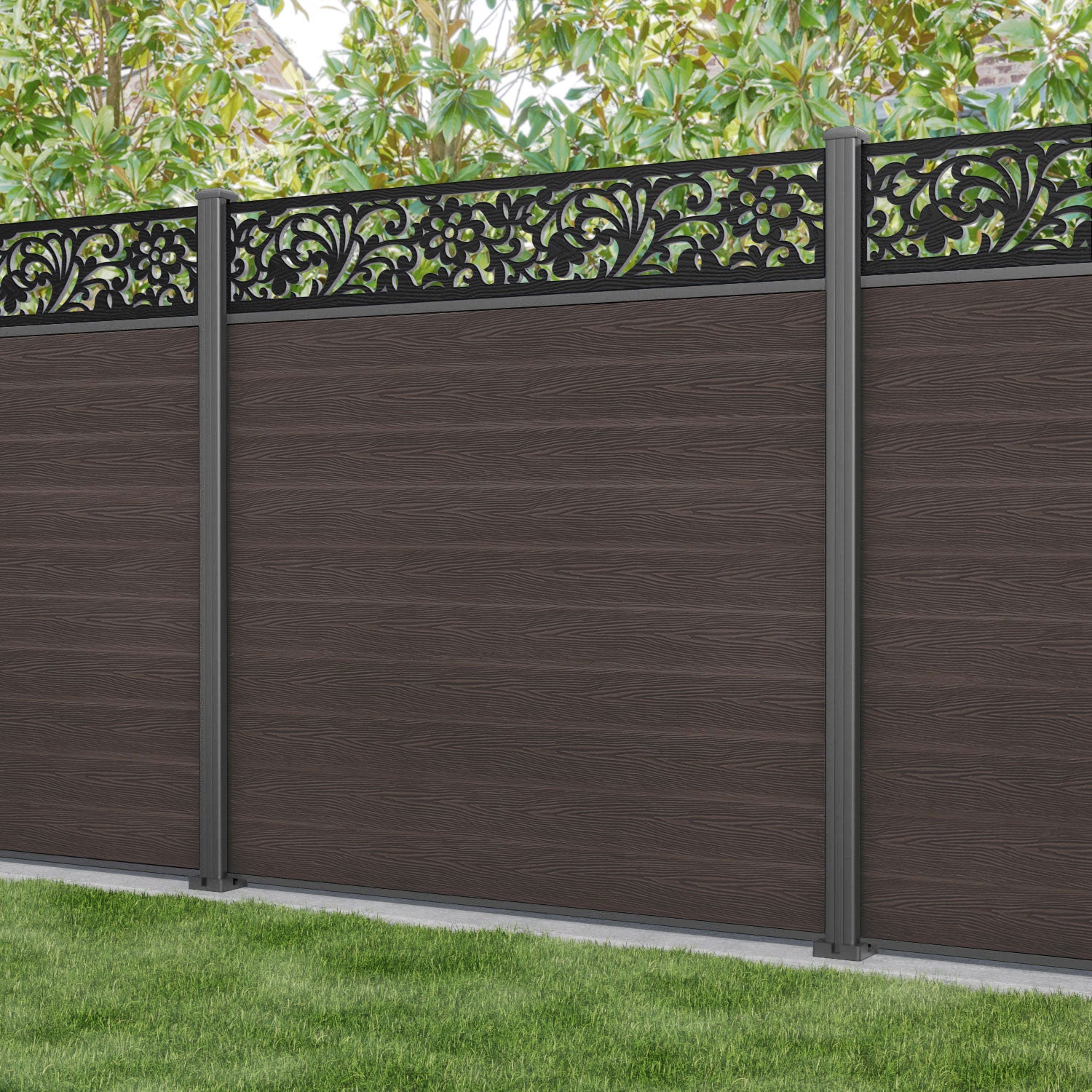 Classic Eden Fence Panel - Mid Brown - with our aluminium posts