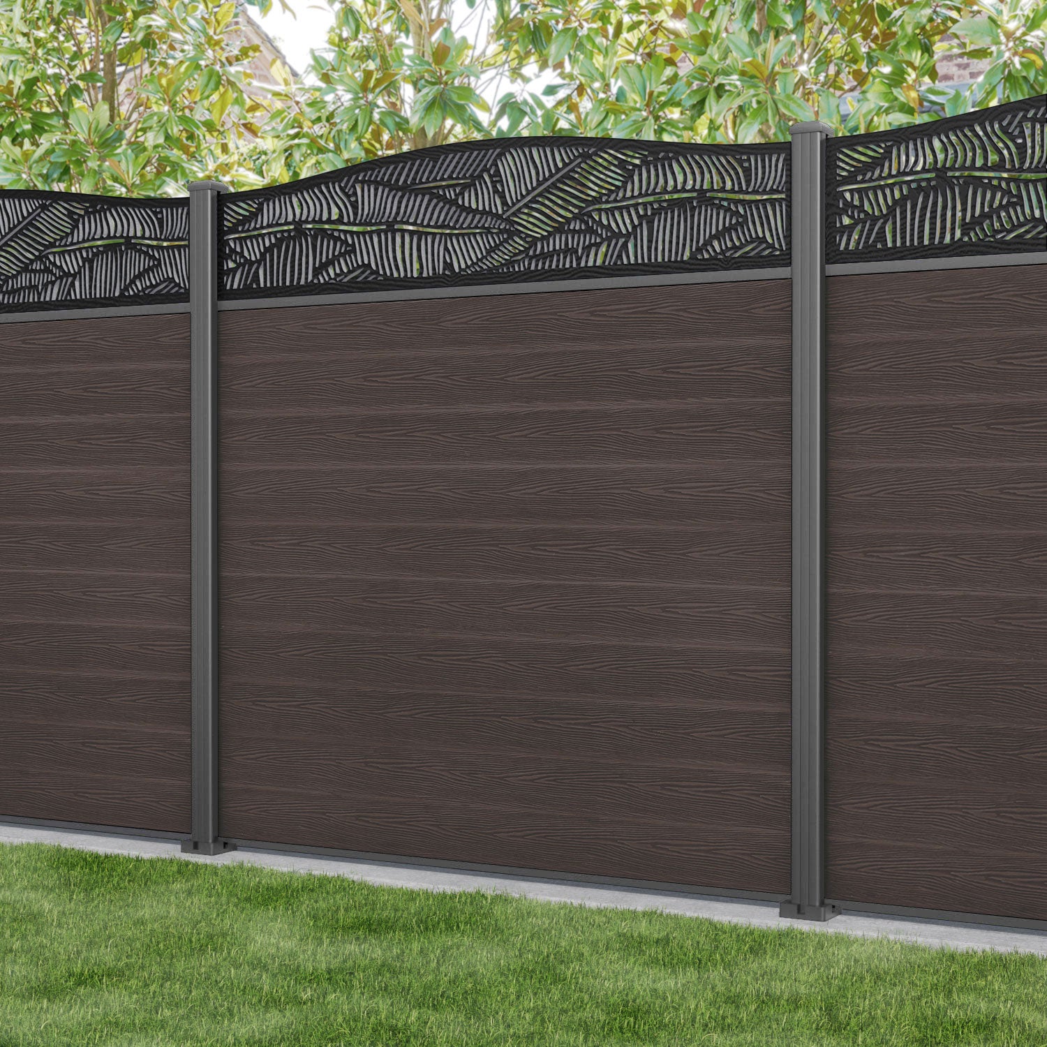 Classic Feather Curved Top Fence Panel - Mid Brown - with our aluminium posts
