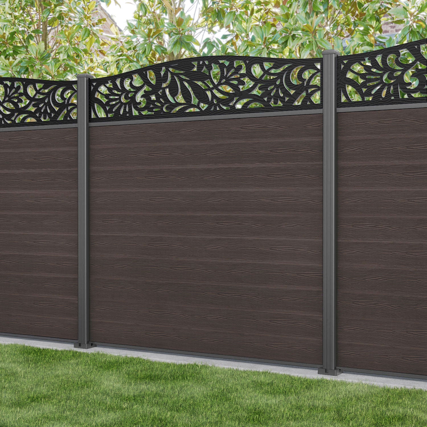 Classic Heritage Curved Top Fence Panel - Mid Brown - with our aluminium posts