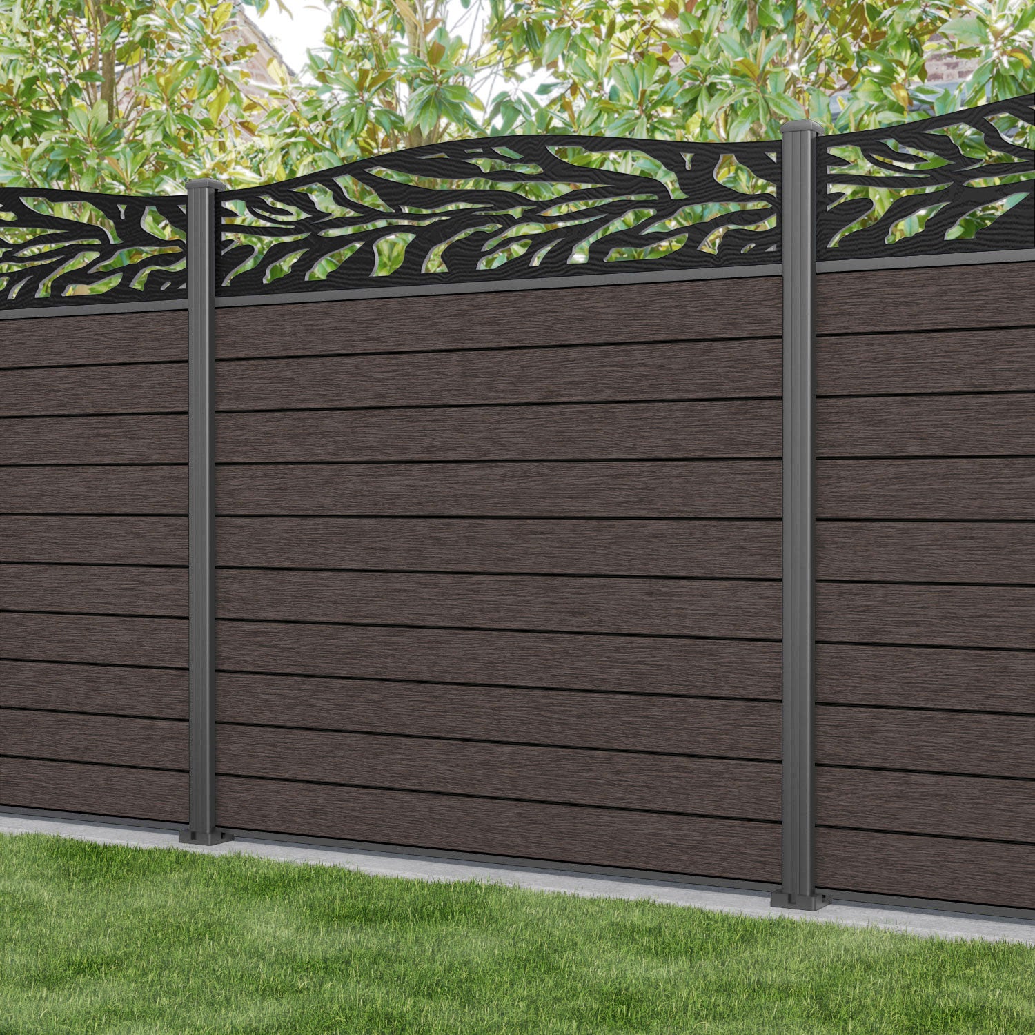 Fusion Malawi Curved Top Fence Panel - Mid Brown - with our aluminium posts