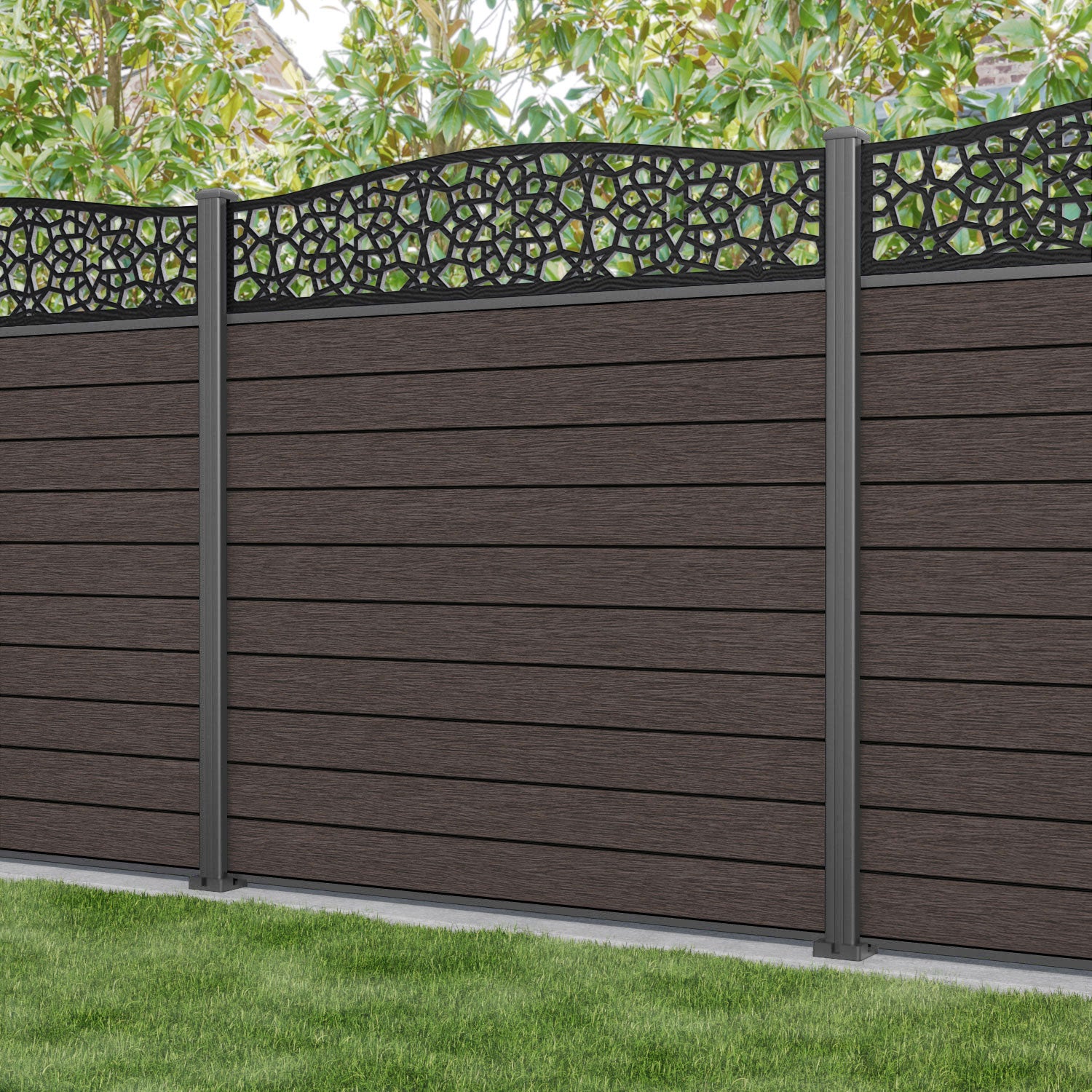 Fusion Nazira Curved Top Fence Panel - Mid Brown - with our aluminium posts