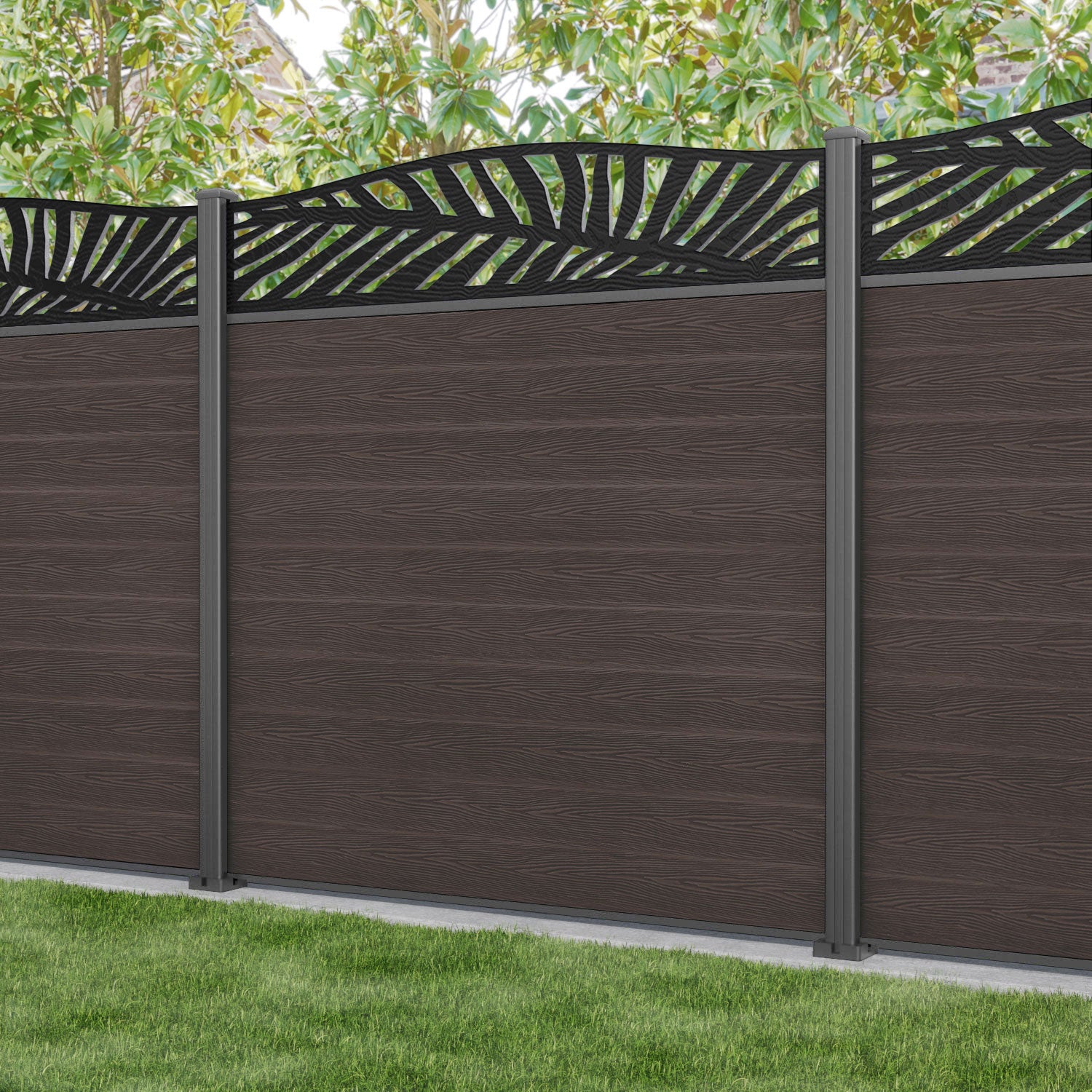 Classic Palm Curved Top Fence Panel - Mid Brown - with our aluminium posts