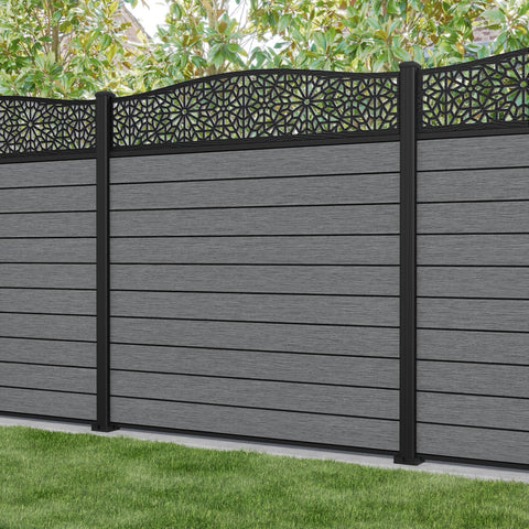 Fusion Alnara Curved Top Fence Panel - Mid Grey - with our aluminium posts
