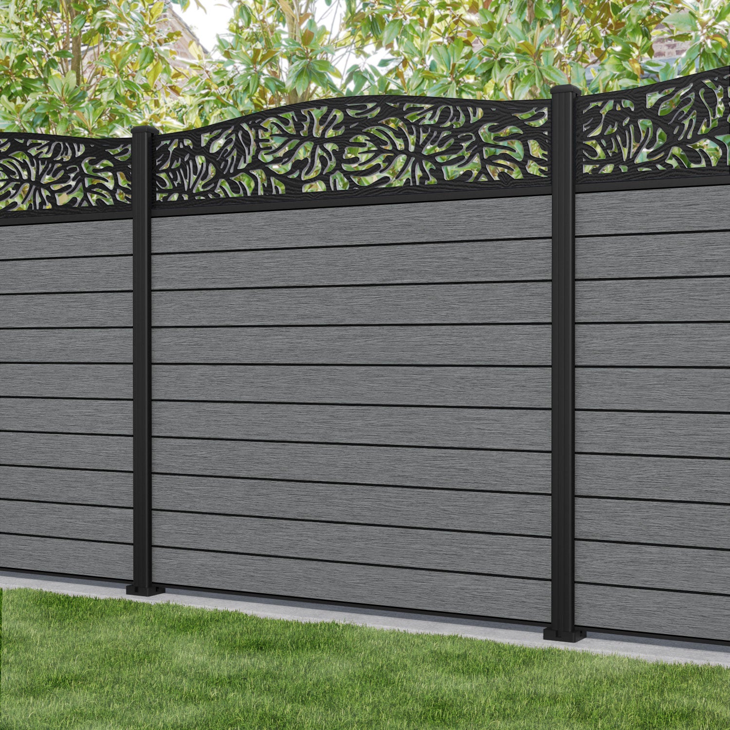 Fusion Botanic Curved Top Fence Panel - Mid Grey - with our aluminium posts