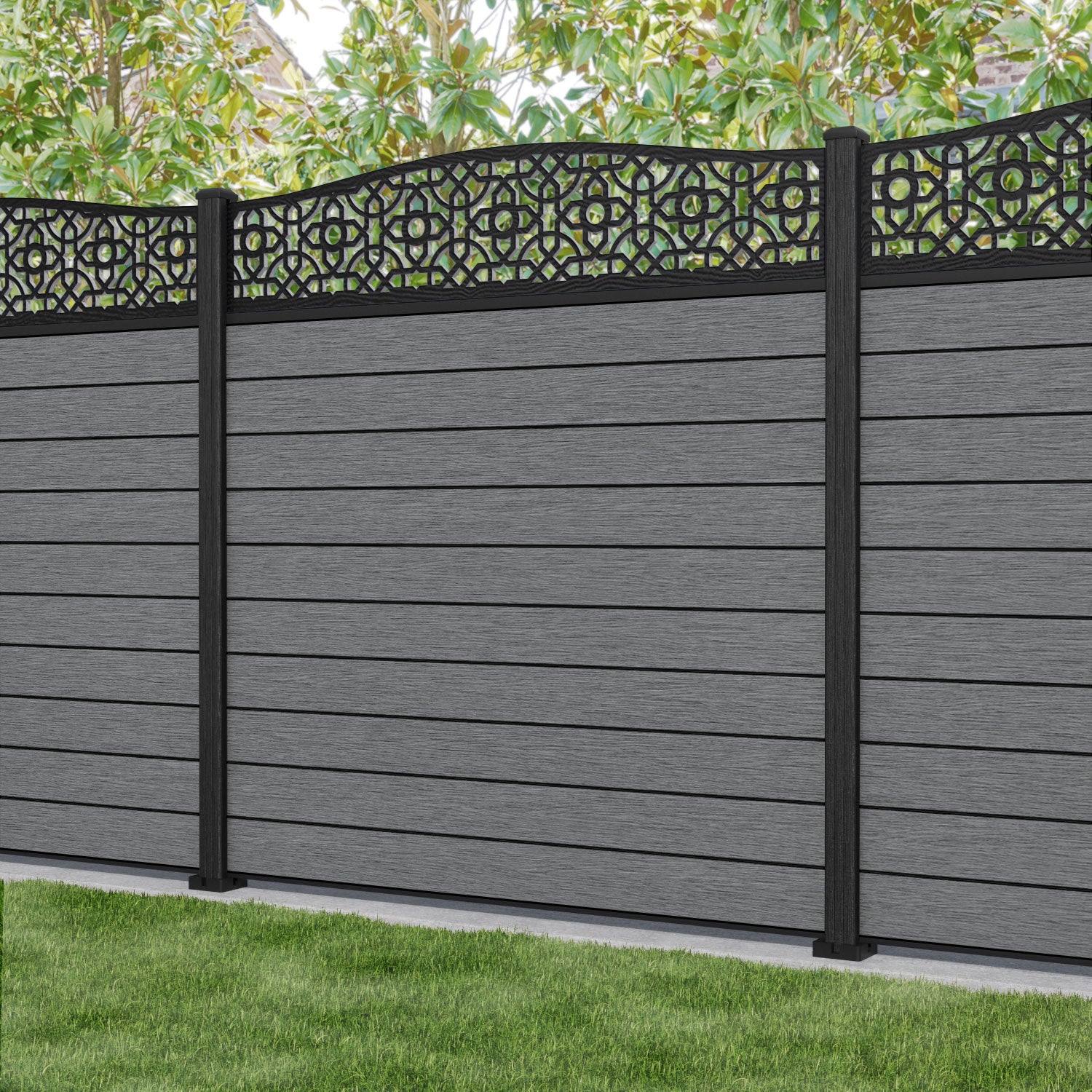 Fusion Nabila Curved Top Fence Panel - Mid Grey - with our composite posts