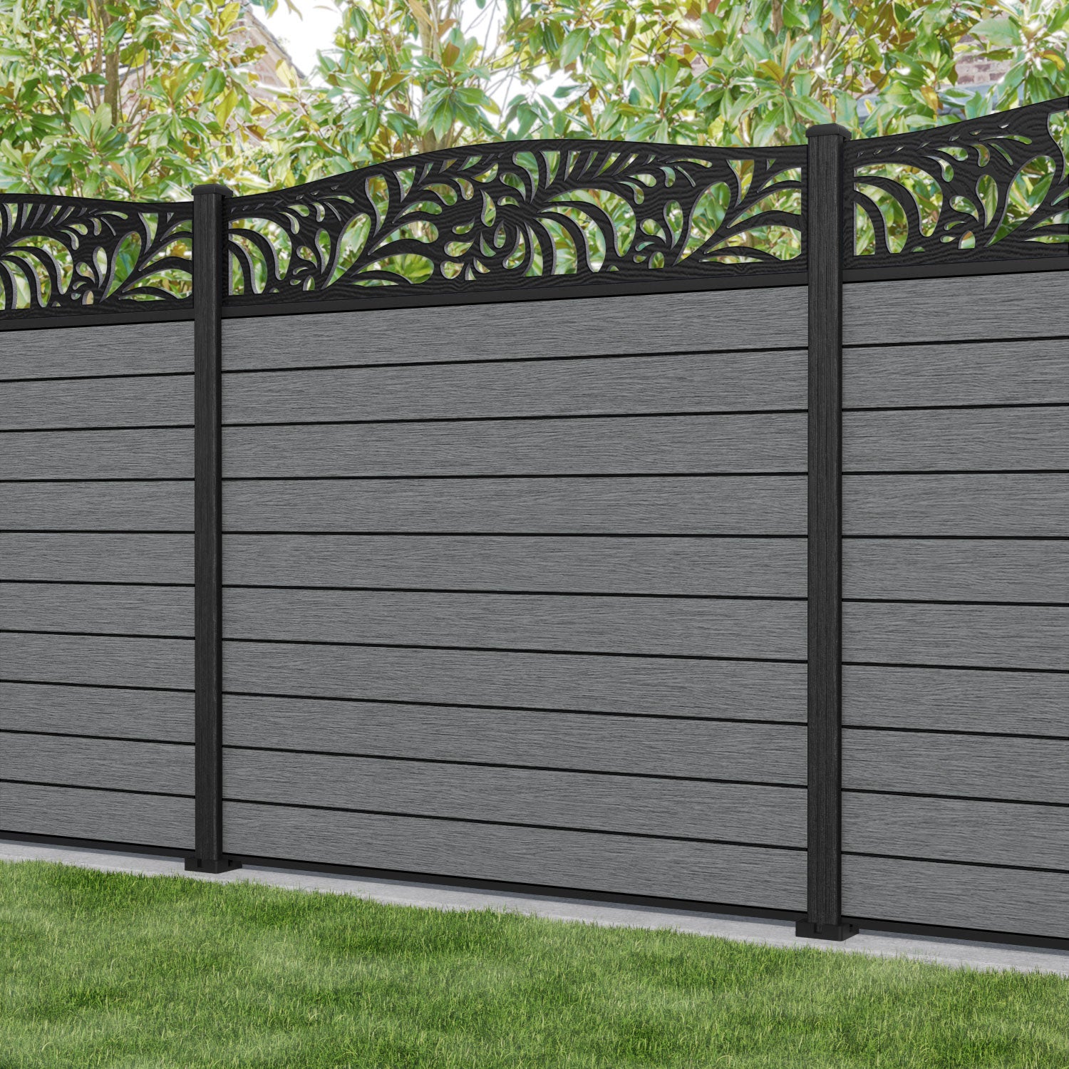 Fusion Petal Curved Top Fence Panel - Mid Grey - with our composite posts