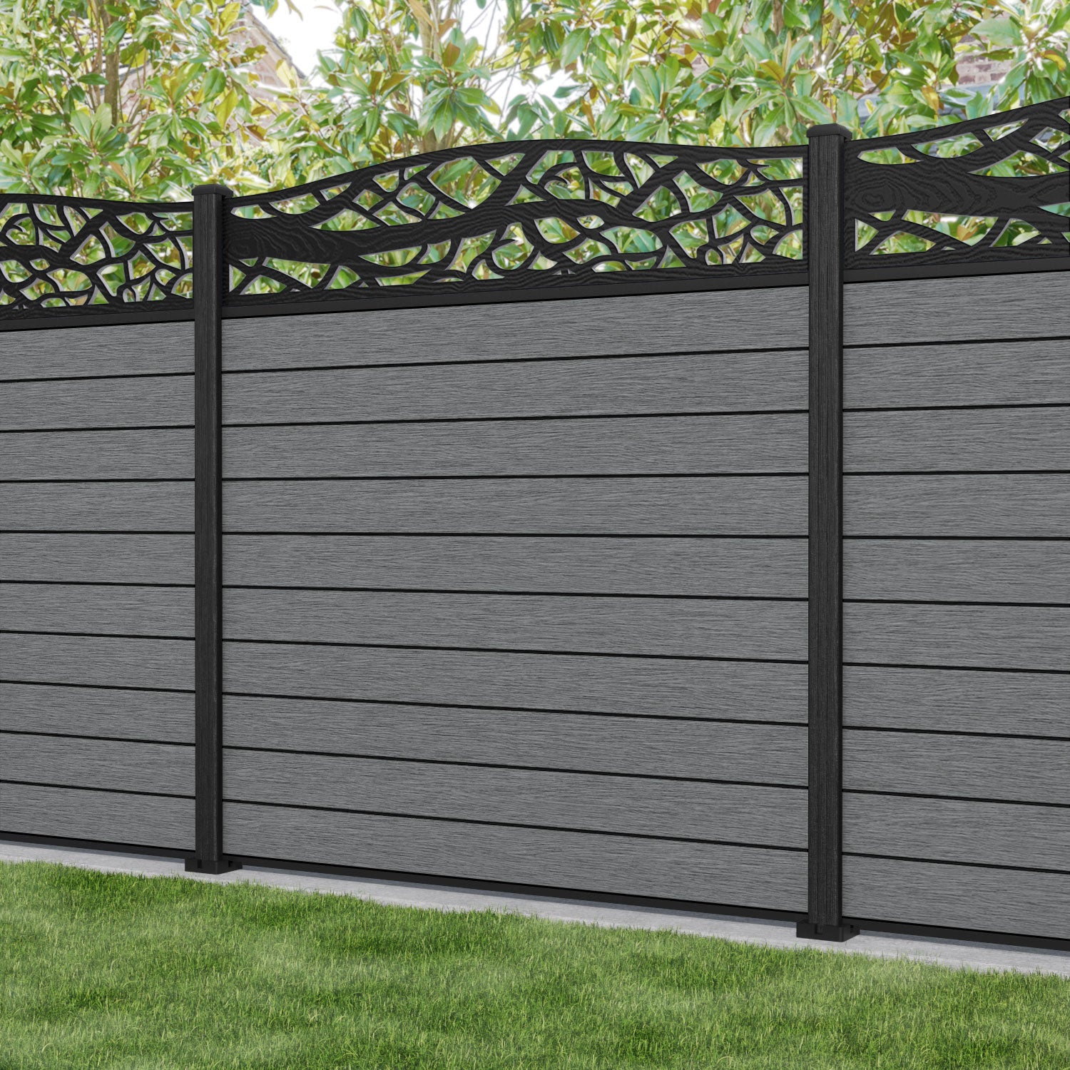 Fusion Twilight Curved Top Fence Panel - Mid Grey - with our composite posts
