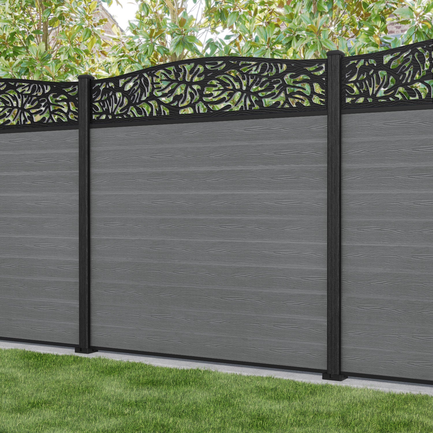 Classic Botanic Curved Top Fence Panel - Mid Grey - with our composite posts