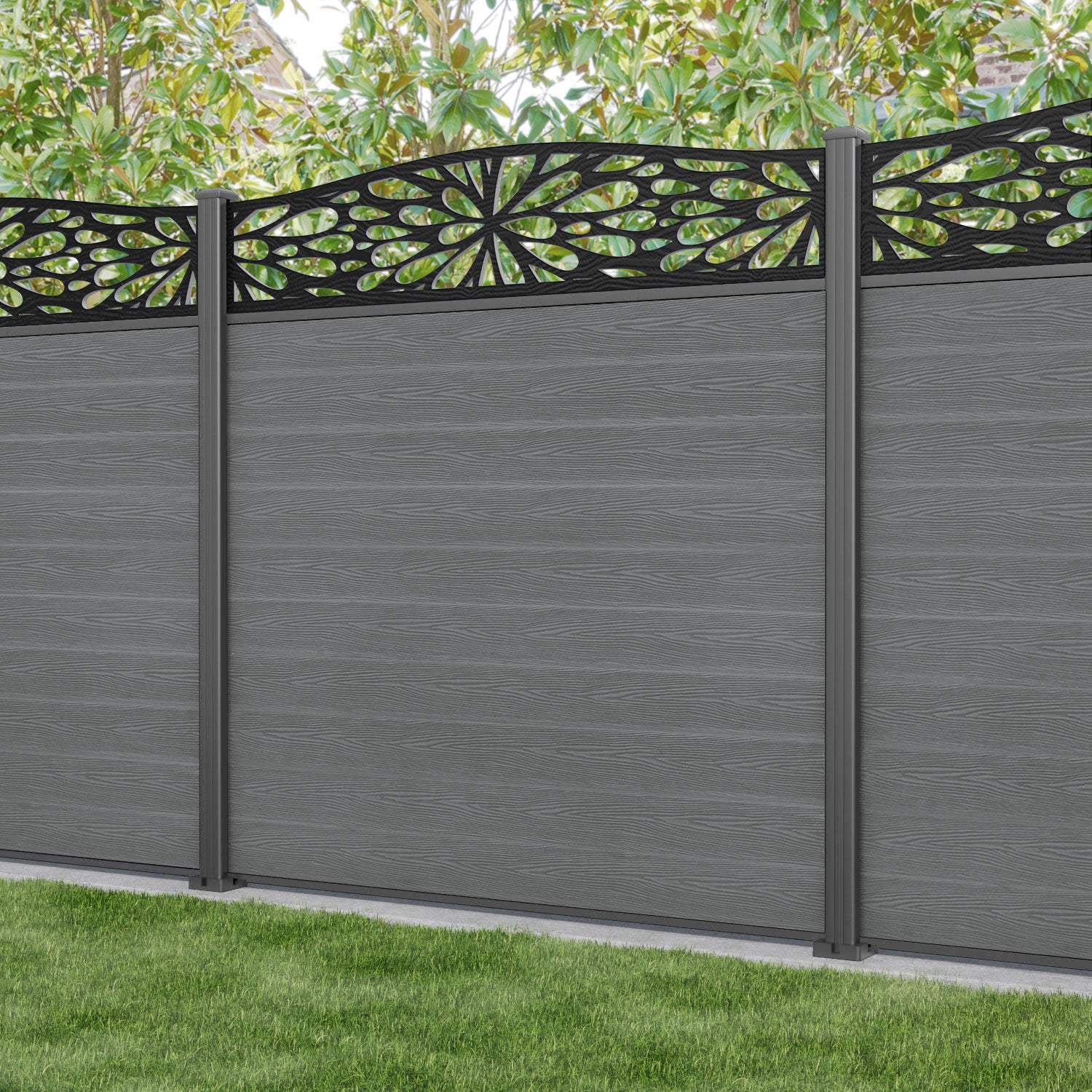 Classic Blossom Curved Top Fence Panel - Mid Grey - with our aluminium posts