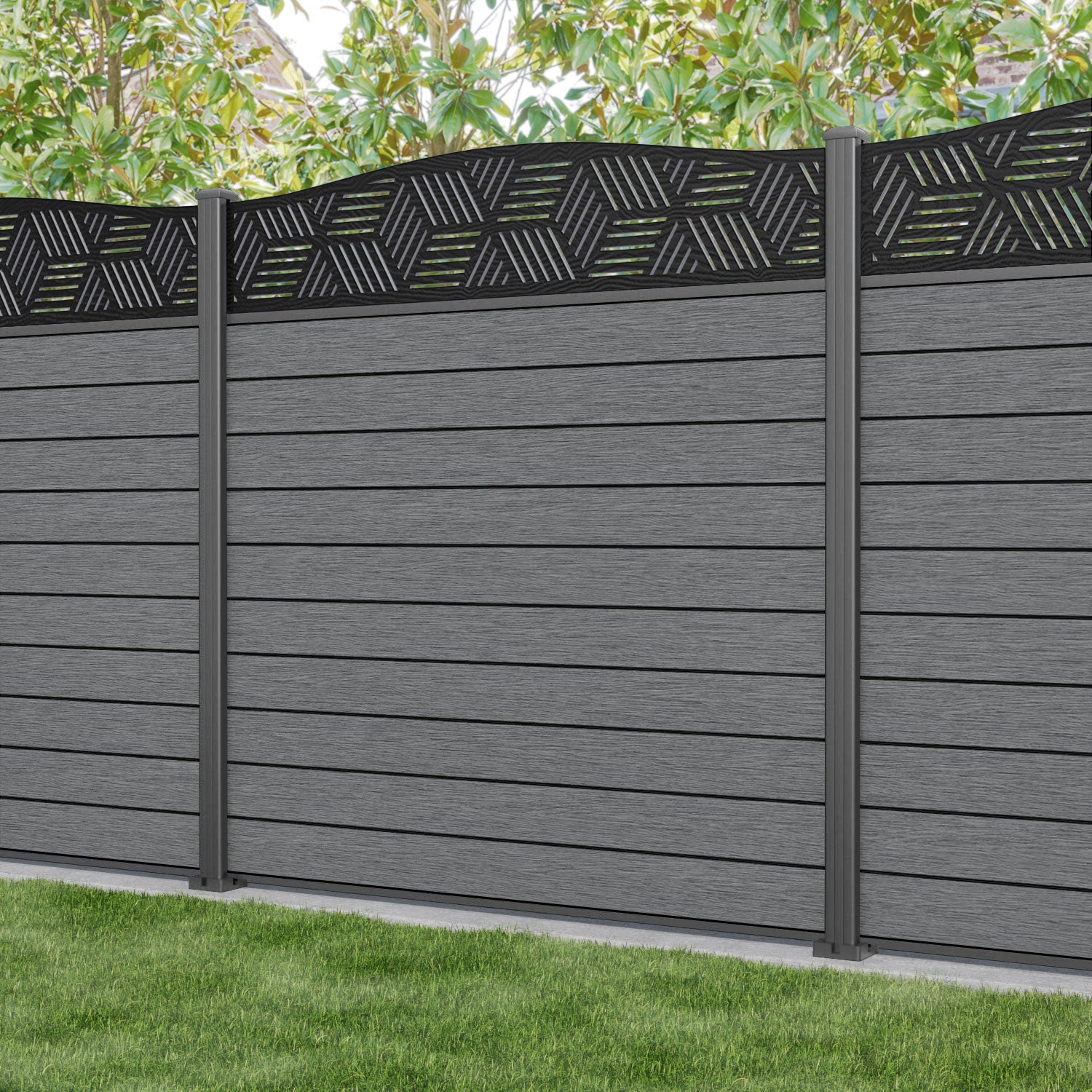 Fusion Cubed Curved Top Fence Panel - Mid Grey - with our aluminium posts